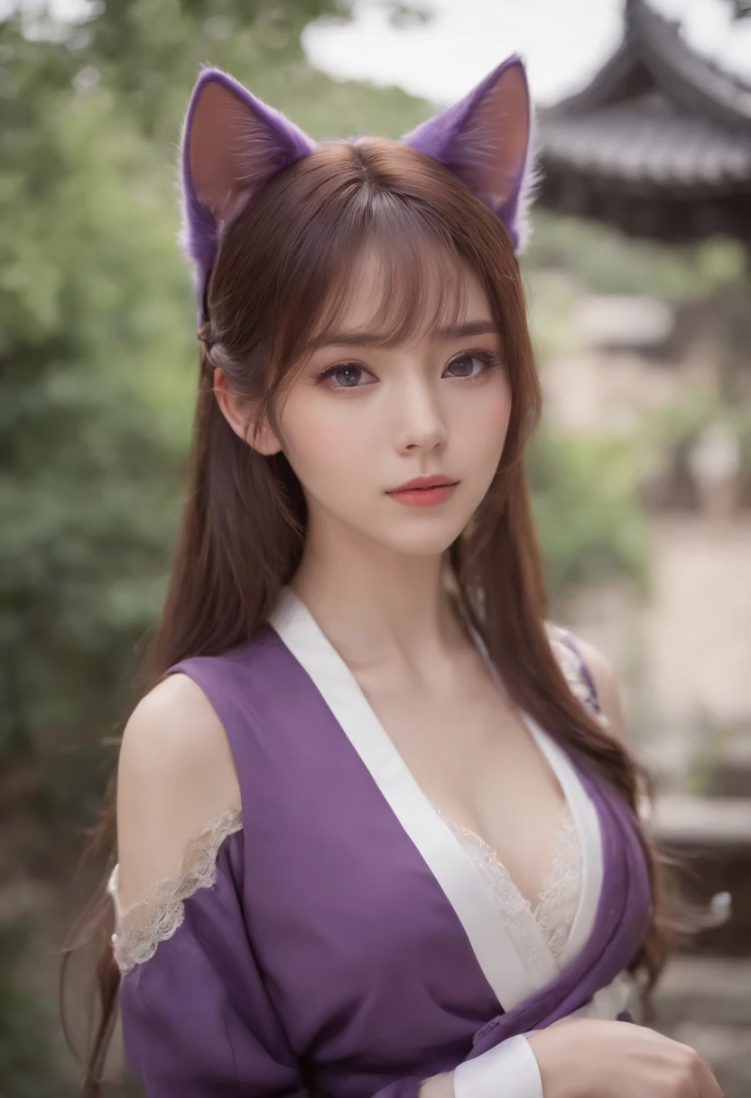 anime girls, Purple cat ears, Long hair, beautiful clothes, Gouvez style, 4K Clarity, CGSTATION POP, Antique architecture, Seductive Girl, Attractive, Kenshin Keru, Anime style, 8K, beautiful anime woman, Girl Front.