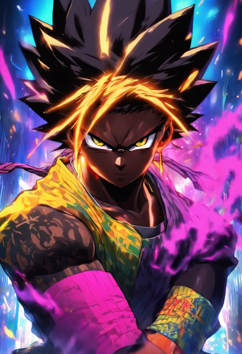 Garçon sexy samouraï jamaïcain, ???? afro, Cheveux arc-en-ciel, yeux jaunes, peau foncée, Portez un sweat à capuche, et jeans déchirés, Des tonnes de tatouages et de piercings, Chef-d’œuvre parfait, Haute qualité, résolution élevée, avec des lunettes fond couleur ????,violet,jaune et orange