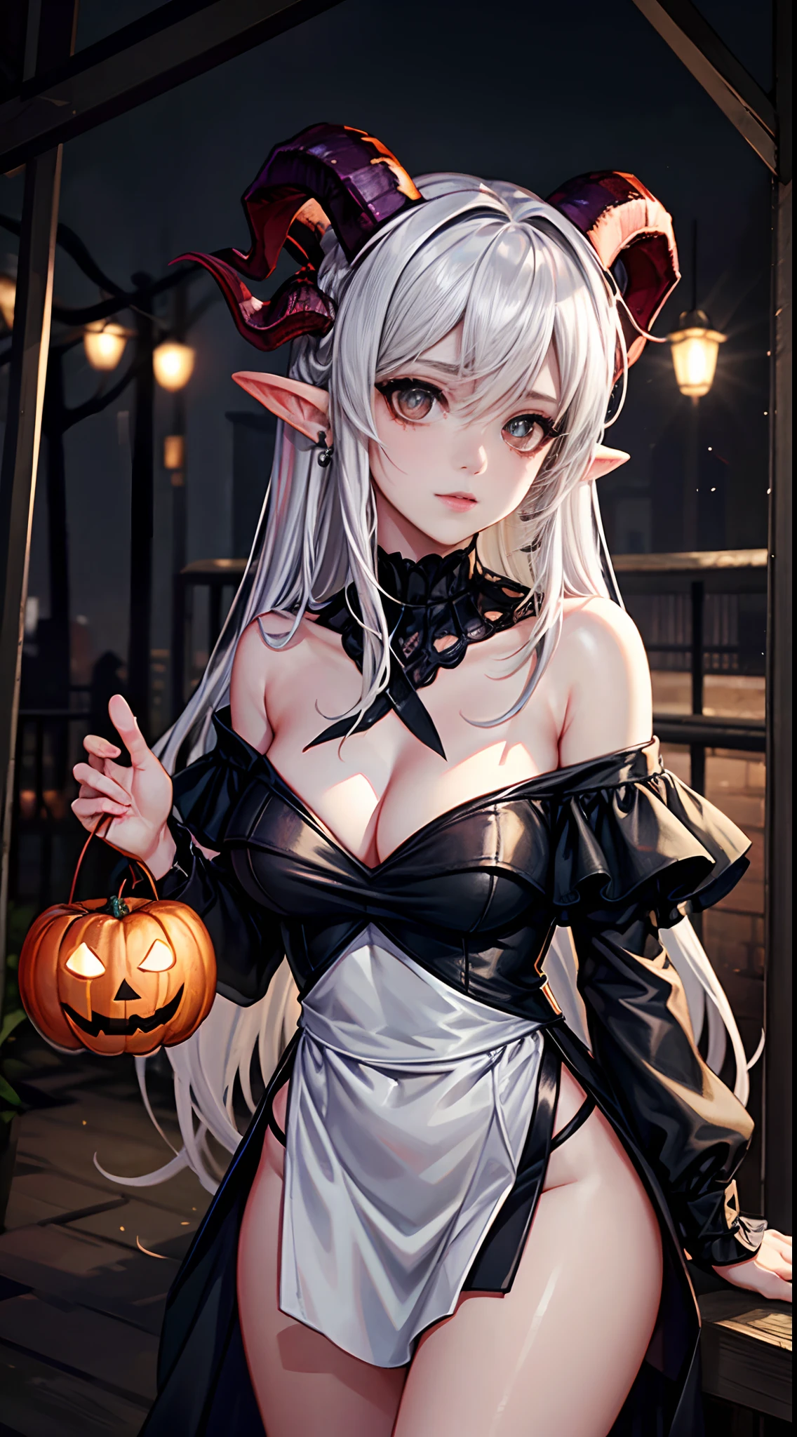 wearing sexy halloween dress, halloween on street, female devil with the horns, fire as background, White color hair, Off-the-shoulder attire, masterpiece, (high detail:1.1), Rough face, seductive, sexy pose, fashion model posing, Large breasts, Natural skin, high quality, NSFW, beautiful eyes, (Detailed face and eyes), (the face: 1 2), noises, Extra, real photograph, PSD, Lamp film photography, sharp focus, contrasty lighting, Delicate skin, High resolution 8K, insanely details, realistic-lying, professional photo shooting, 8K UHD, SLR camera, soft lighting, high high quality, film-grain, Fuji film XT3
