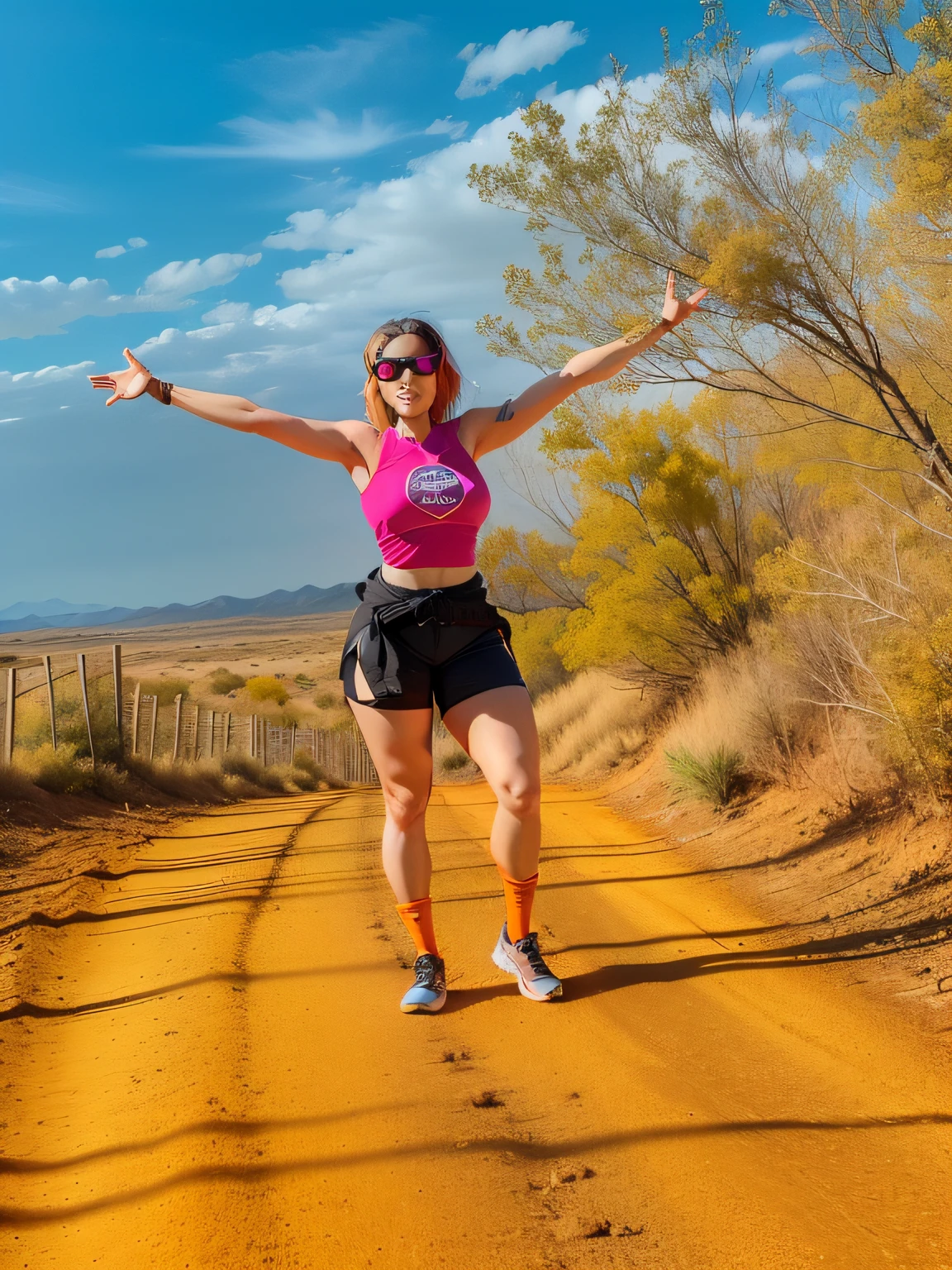 - A Pixar-style animated woman, standing energetically with her arms wide open, expressing joy and freedom.
- She wears a vibrant pink sleeveless shirt with a circular emblem on the chest featuring black words, suggesting a logo or insignia.
- The woman sports pink sunglasses that reflect a shimmering glow.
- Around her waist, a black belt with multiple compartments, akin to a utility belt.
- Short, snug black shorts complement her attire.
- Her legs are adorned with red compression socks that extend up to her knees.
- Sporty shoes in varied colors, including gray, black, and yellow, are her chosen footwear.
- The setting is an orange, sandy dirt road, with evident tire marks.
- Beside the path, a series of natural fences, possibly made of slender logs or branches, stretch into the background.
- Dry, golden vegetation is visible next to the fence.
- The sky is vast and blue, with scattered clouds, offering a sense of space and freedom.
- Sunlight, coming from the left, illuminates the woman and the surroundings, producing visible and contrasting shadows.