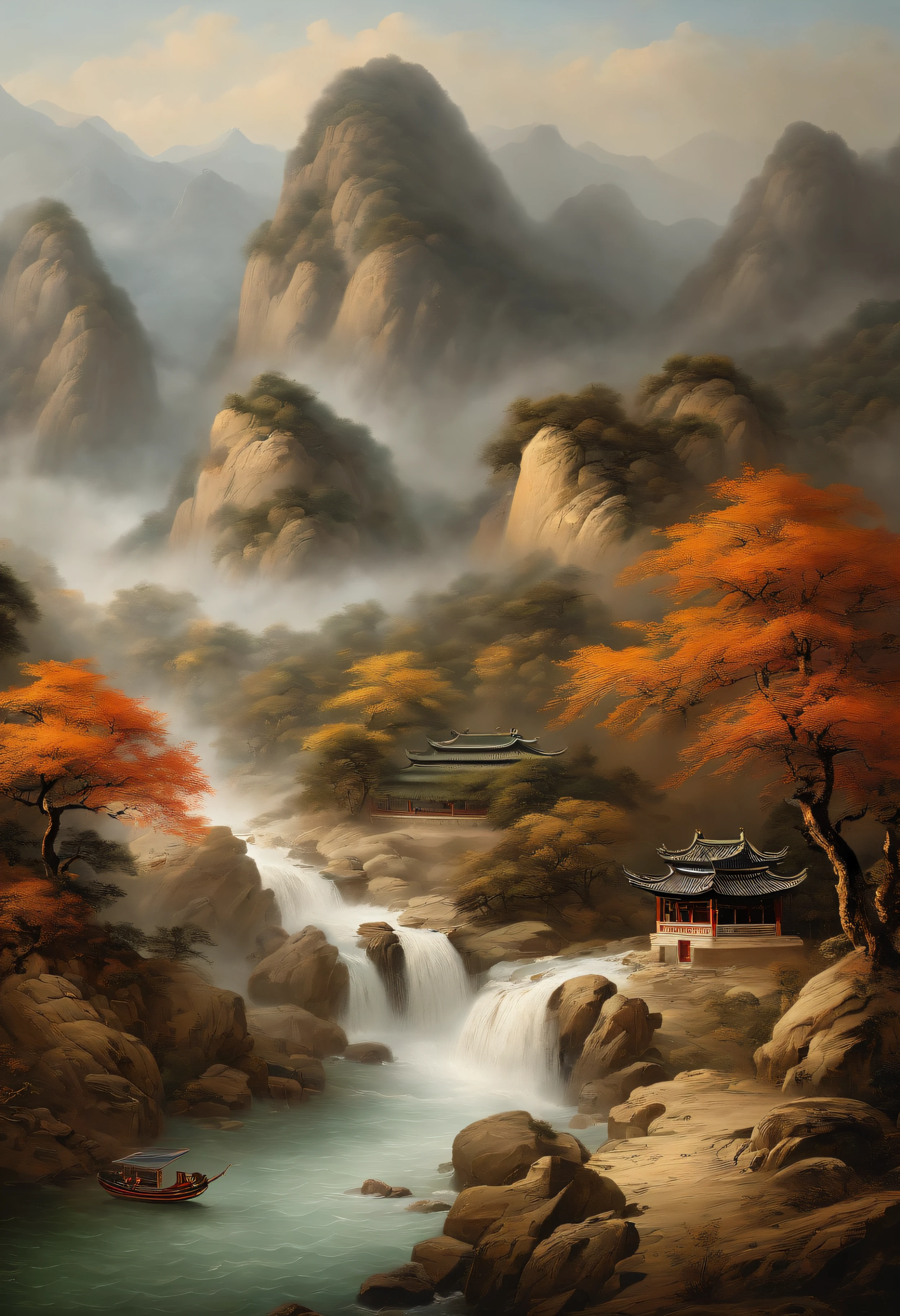 Masterpiece, best quality, very much detailed, superbly detailed, high mountains and flowing water, Chinese painting, Forbidden City, imposing, realistic landscapes, Song Dynasty scenes