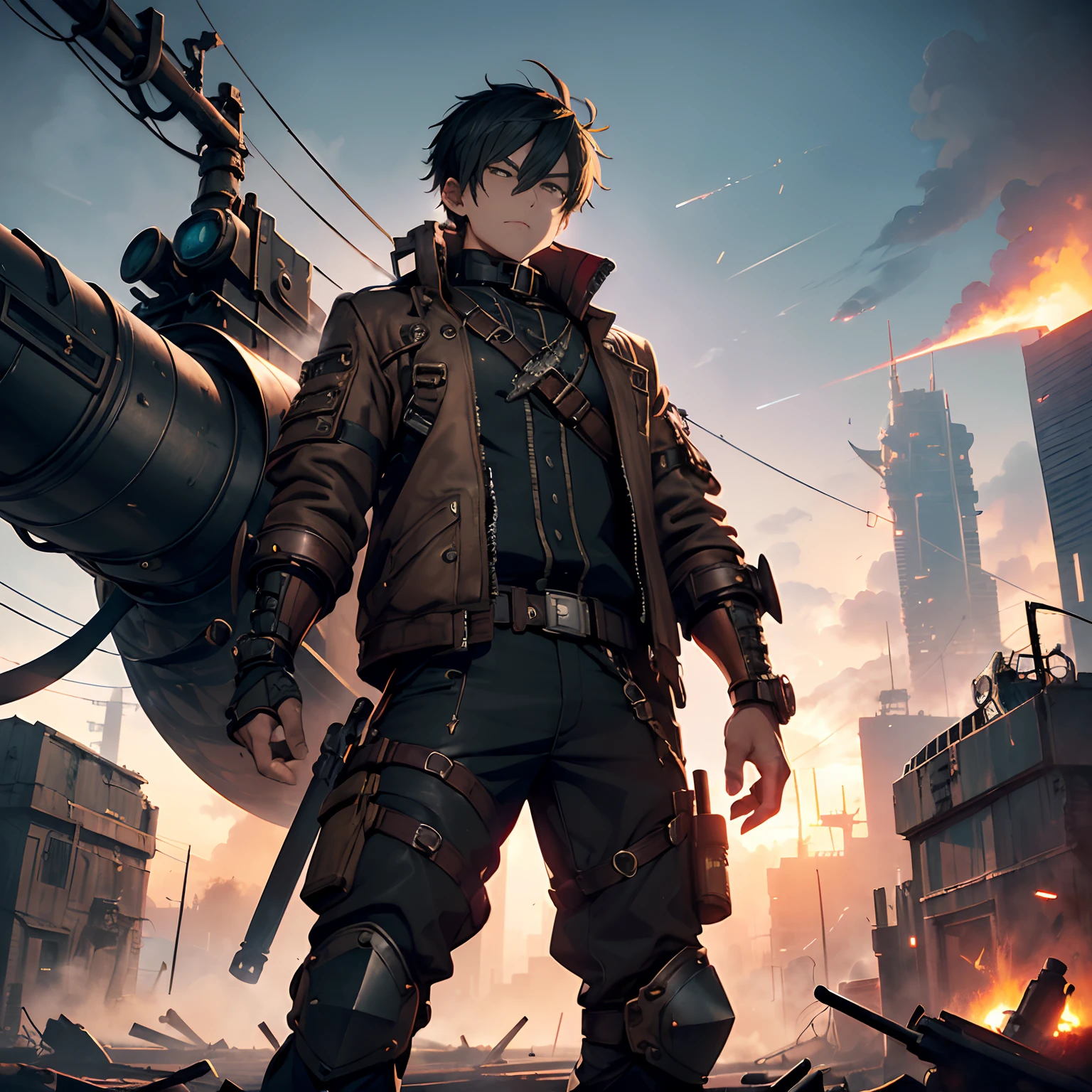 steampunc,cyberpunked,realisticlying,(Devastated city, Piping up debris,Ruins of the battle, rising flames,and smoke), One young man (slender, Black Rough Short Hair, Red mesh,Right arm prosthesis (steampunc,makina, Future,Exhaust port, Rising smoke, loimu), Dark beige jacket, Sturdy pants, long boots, Mechanical Goggles(On the forehead)), Holding a huge sword in his right hand (Steampunk, colossal,A futuristic,Machine on the handle, Exhaust port, valves, Cylinder, Shell casing, loimu, Rising smoke). Behind him, Mechanical predators (Disastrous, electric wires, a tiger, Dinosaur), dismembered, Destroyed, Flickering sparks. Sunset, smog.
