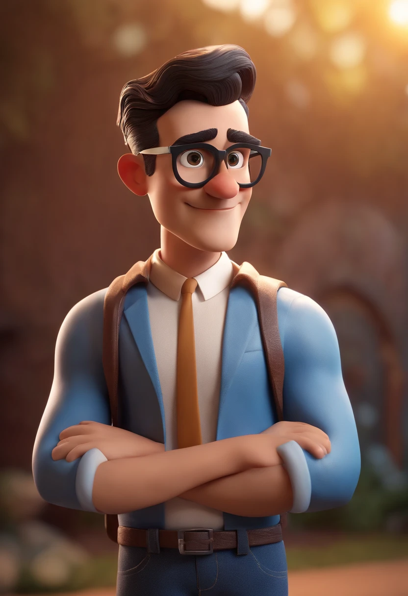 Cartoon character of a man wearing black glasses and a blue shirt, um personagem animado, Caractere estilizado, animation style rendering, 3D estilizado, Arnold Maya render, 3 d render stylized, toon render keyshot, Personagem 3D, Personagem 3D, 3d rendering stylized, 3 d character render, personagem de desenho animado, Personagem de close up, Pose de personagem, (Estilo Pixar) (master part:1.2) (Bokeh) (best quality) (pele detalhada) (textura detalhada) (8k) (argila) (Cinematic lighting) (foco nítido,Senta e vaza a parte superior do corpo