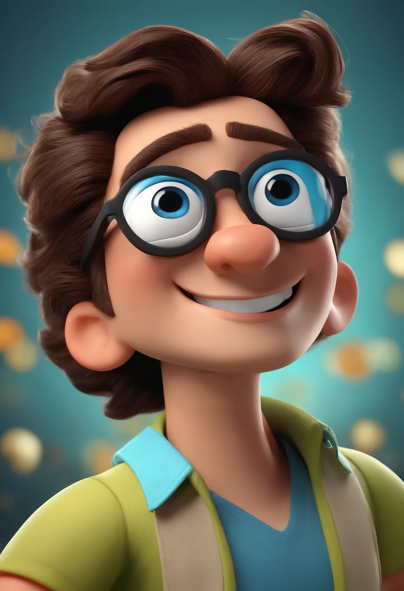 Cartoon character of a man with black glasses and a blue shirt, animation character, Caractere estilizado, animation style rendering, 3D estilizado, Arnold Maya render, 3 d render stylized, toon render keyshot, Personagem 3D, Personagem 3D, 3d rendering stylized, 3 d character render, personagem de desenho animado, Personagem de close up, Pose de personagem,  (Estilo Pixar) (master part:1.2) (Bokeh) (best quality) (pele detalhada) (textura detalhada) (8k) (argila) (Cinematic lighting) (foco nítido