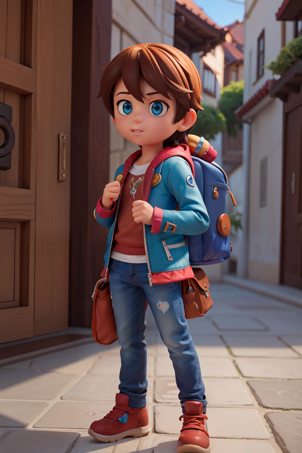 imagem arafed de um ****** em uma roupa aventureira e uma mochila nas costas, Personagem pequeno. Motor Unreal 5, anime estilizado, Personagem altamente detalhado, anime estilo 3d, Estilo anime 3D realista, Personagem de close up, 3D estilizado, motor unreal face azul, 3 d render stylized, Personagem 3d realista, Caractere estilizado, renderizado em unrealengine