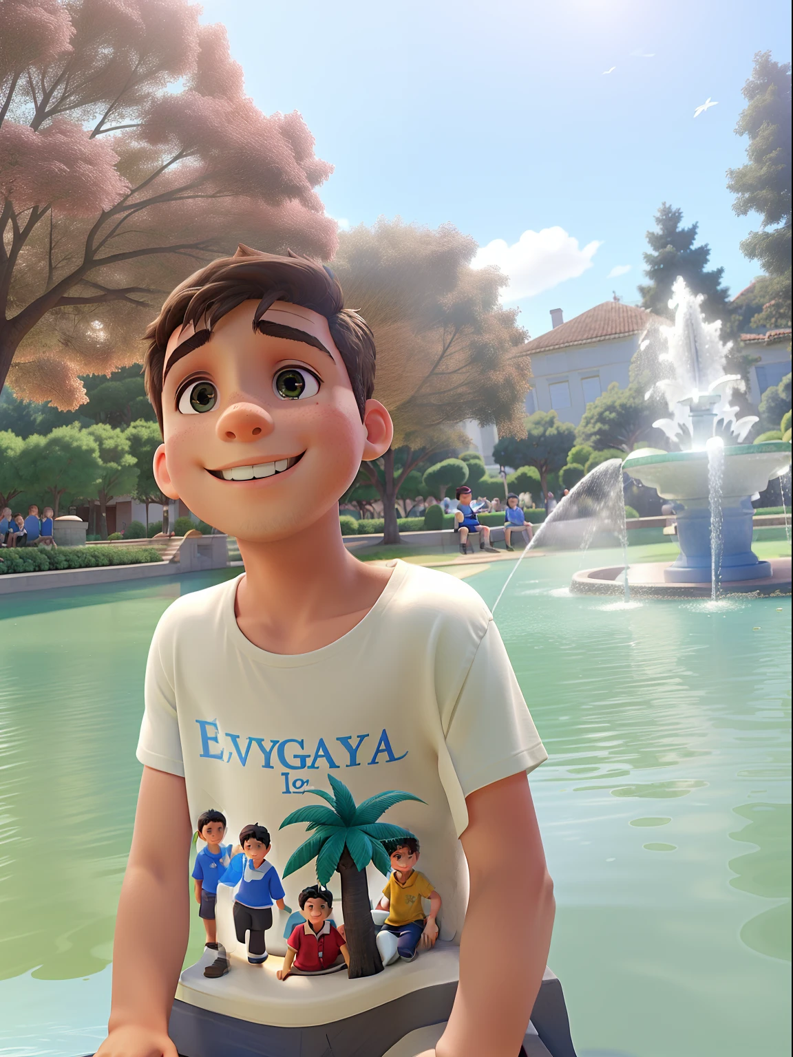 um menino de 7 anos sorrindo , Sitting in front of the eaves of the fountain on a sunny lit day with trees in the background with blue sky