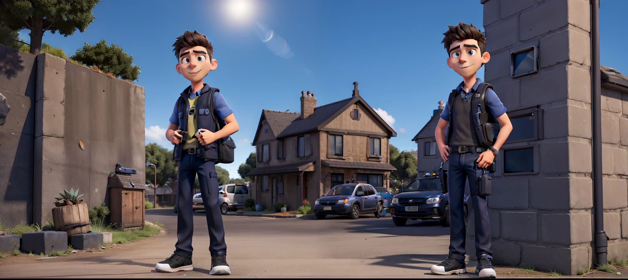 Young man in dark blue outfit wearing black vest with various accessories walkie-talkie and cell phone, moto preta com caixa, Background houses with security cameras and thug jumping over the wall