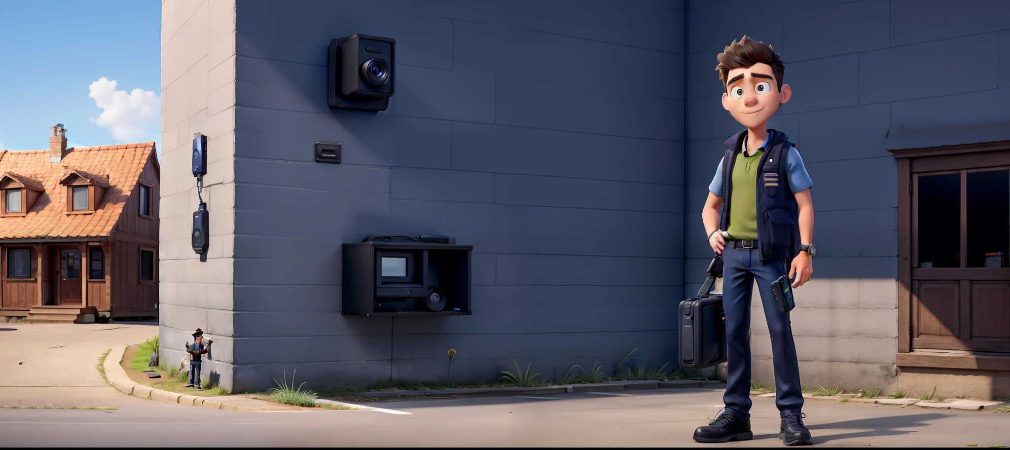 Young man in dark blue outfit wearing black vest with various accessories walkie-talkie and cell phone, moto preta com caixa, Background houses with security cameras and thug jumping over the wall