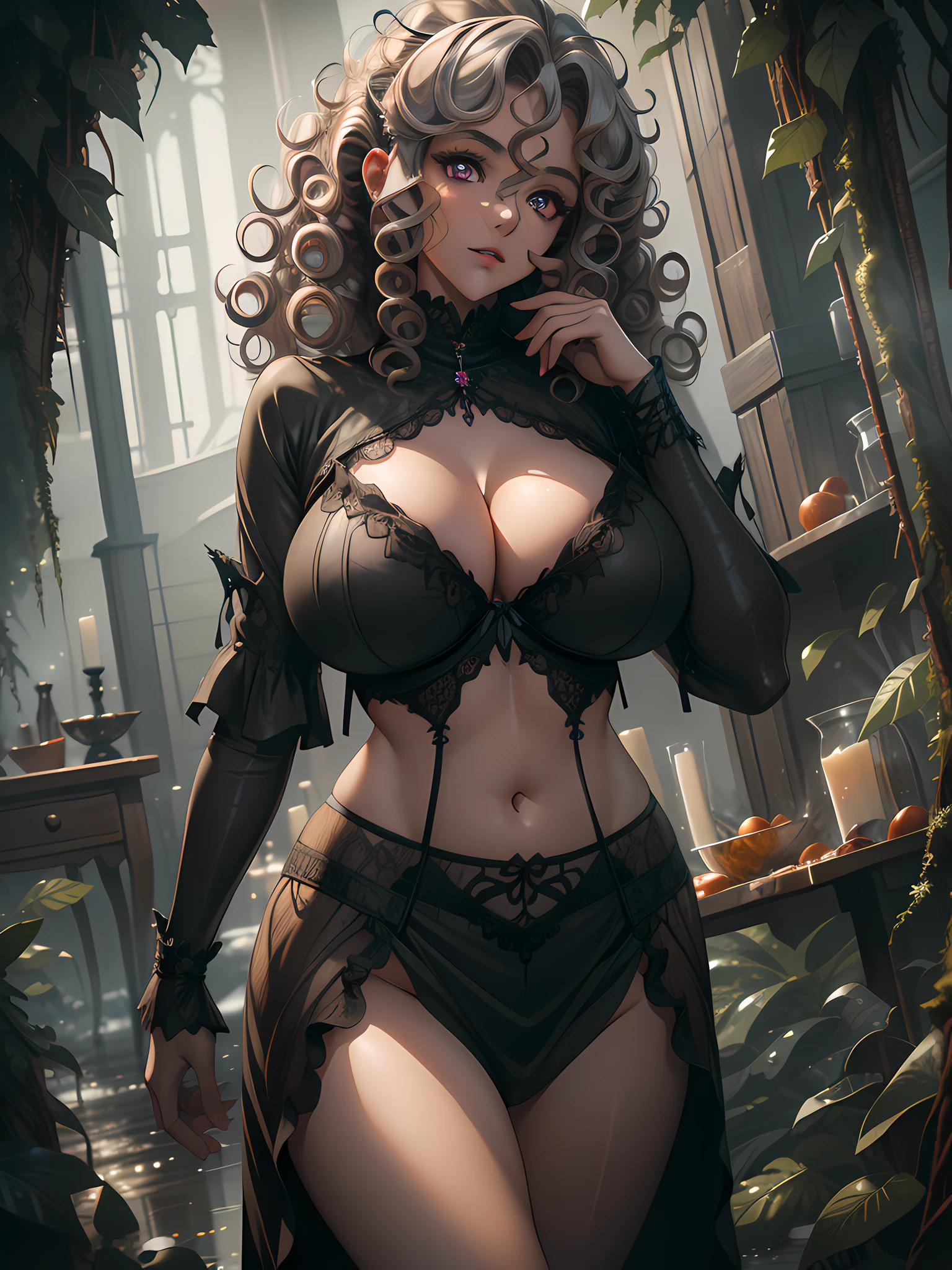 absurd, 8K, high resolution, ultra detailed, beautiful, masterpiece, best quality, very pretty woman, young, very pretty woman, wolf, wolfhände, sexy, lingerie, purple eyes, gray hair, (curly hair:1.5), sexy, detailed woman face, very attractive, (very big breasts:1.3)