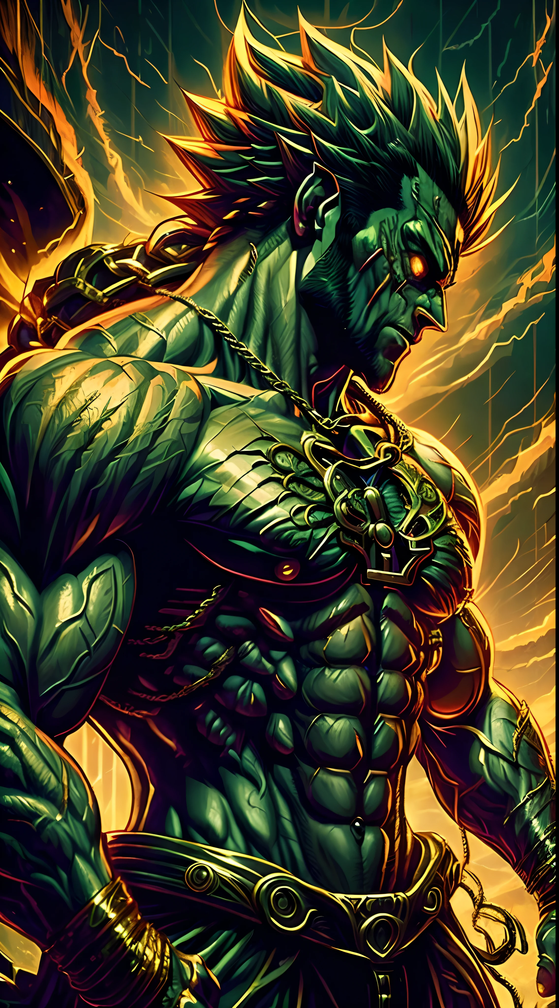 arafed male with a muscular body and a chain around his neck, photorealistic human goku, badass anime 8 k, muscular male hero, fighting game character, epic 8 k hd anime shot, male anime character, muscular character, muscular! cyberpunk, as a character in tekken, broly, anime character; full body art, muscular male undead cyborg