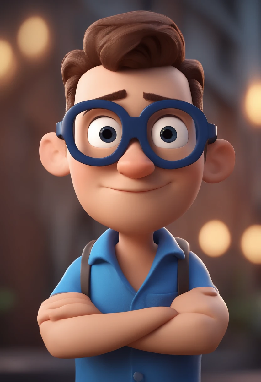 Cartoon character of a man with black glasses and a blue shirt, animation character, Caractere estilizado, animation style rendering, 3D estilizado, Arnold Maya render, 3 d render stylized, toon render keyshot, Personagem 3D, Personagem 3D, 3d rendering stylized, 3 d character render, personagem de desenho animado, Personagem de close up, Pose de personagem,  (Estilo Pixar) (master part:1.2) (Bokeh) (best quality) (pele detalhada) (textura detalhada) (8k) (argila) (Cinematic lighting) (foco nítido