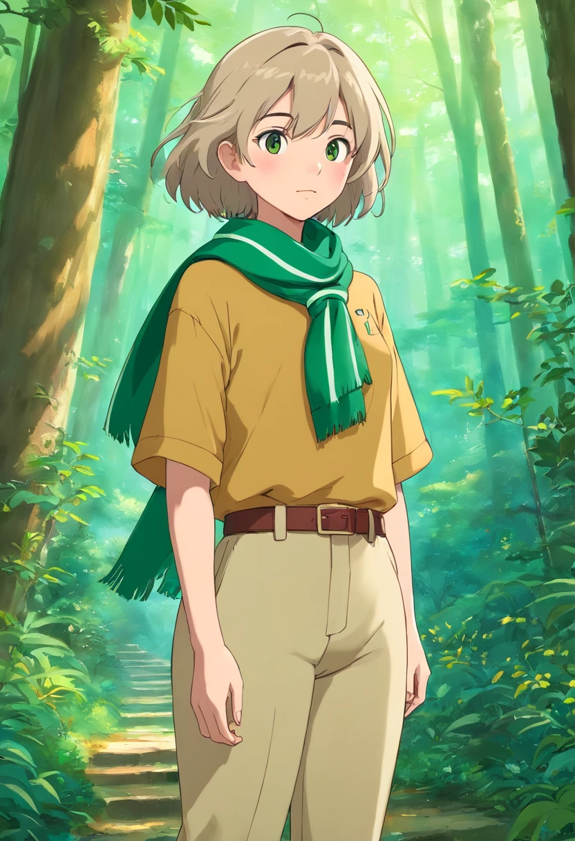 Mulher com 46 anos, cabelos lisos e longos, franja lateral, cabelos escuros com mechas loiras, olhos castanhos escuros, Eyewear with red frame, with freckles on the cheekbone, vestindo camisa de manga curta verde garrafa, na manga direita da camisa tem o numeral 52, with beige scout scarf with green stripe on neck, Beige long pants, num acampamento na floresta da mata atlantica, com barracas e fogueira, uma placa dizendo Acampamento do 52GECH