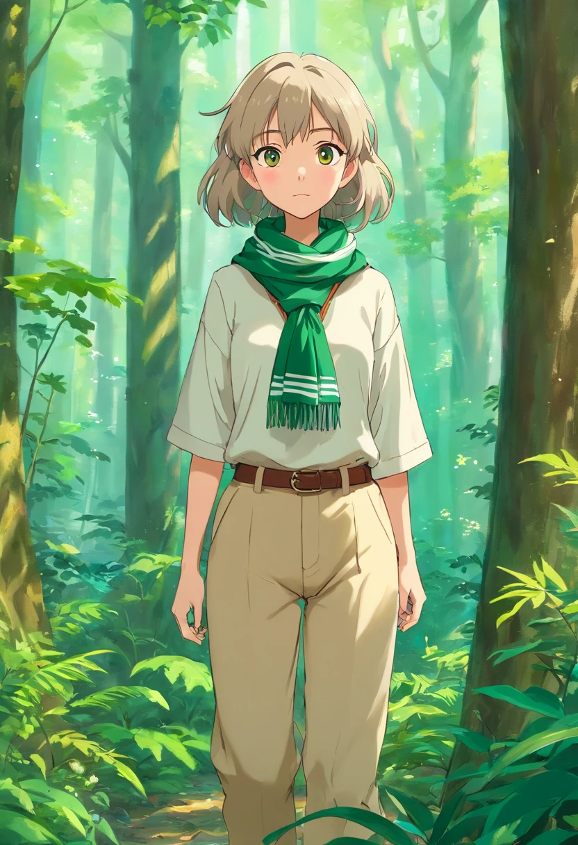 Mulher com 46 anos, cabelos lisos e longos, franja lateral, cabelos escuros com mechas loiras, olhos castanhos escuros, Eyewear with red frame, with freckles on the cheekbone, vestindo camisa de manga curta verde garrafa, na manga direita da camisa tem o numeral 52, with beige scout scarf with green stripe on neck, Beige long pants, num acampamento na floresta da mata atlantica, com barracas e fogueira, uma placa dizendo Acampamento do 52GECH