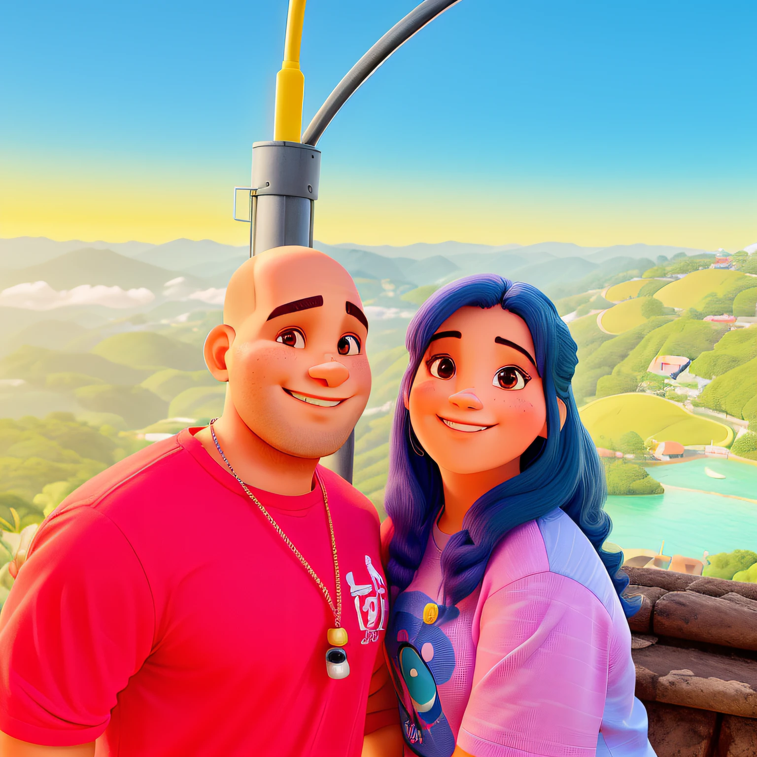 homem careca, de camiseta vermelha e um pouco gordinho sorrindo. mulher de cabelos castanhos escuros, compridos, de blusa rosa e sorisso lindo. The two of them in a balloon, mostrando a paisagem verde e o ceu azul e amarelo ao fundo