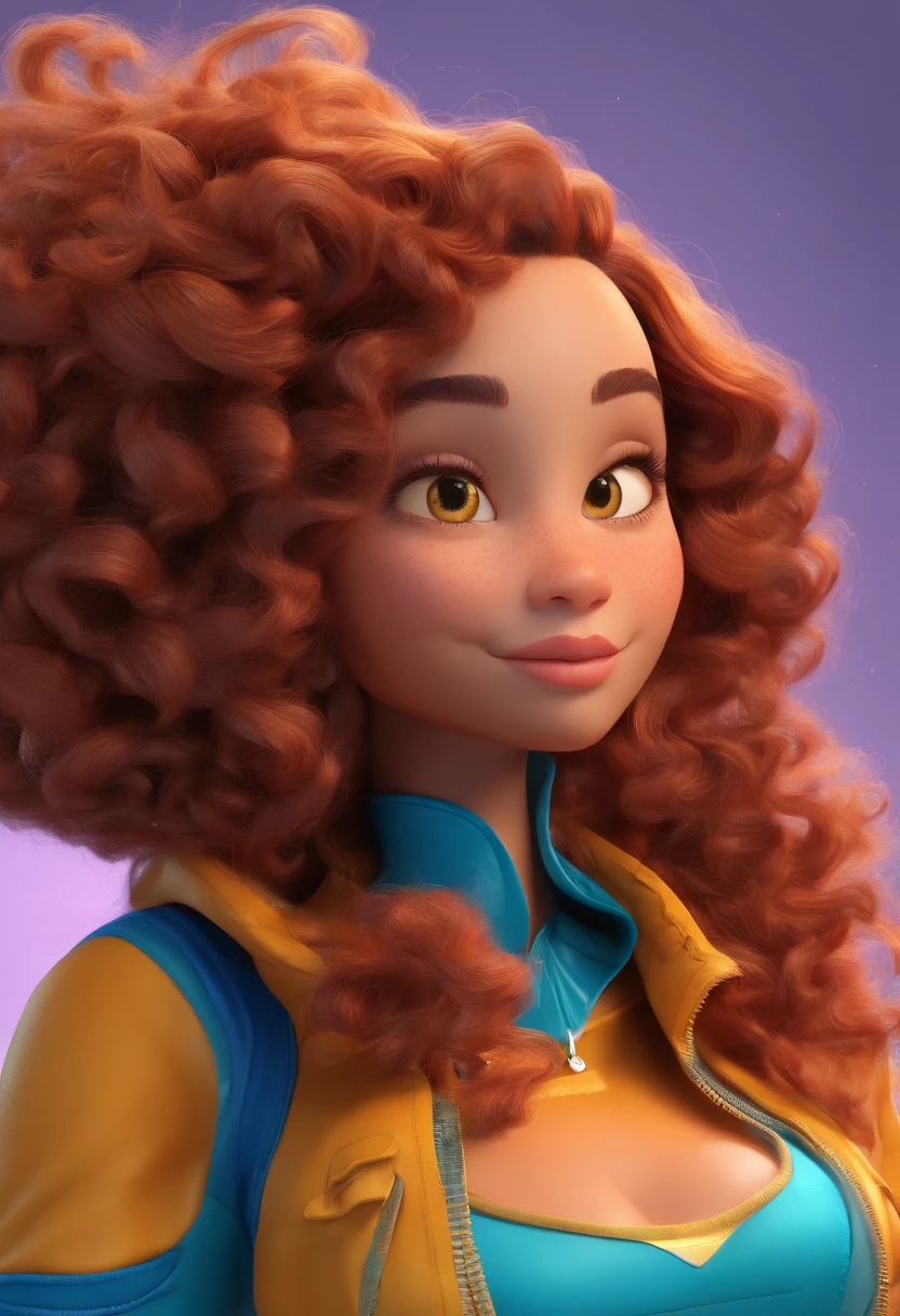 An illustration of an adorable woman, destacando uma mulher bonita pele oscura, Expressive eyes – the woman's skin is black and the woman's hair is large and curly. Desenvolva esta arte em Full HD, Focus on your cinematic touch, Estilo Disney Pixar Animations
