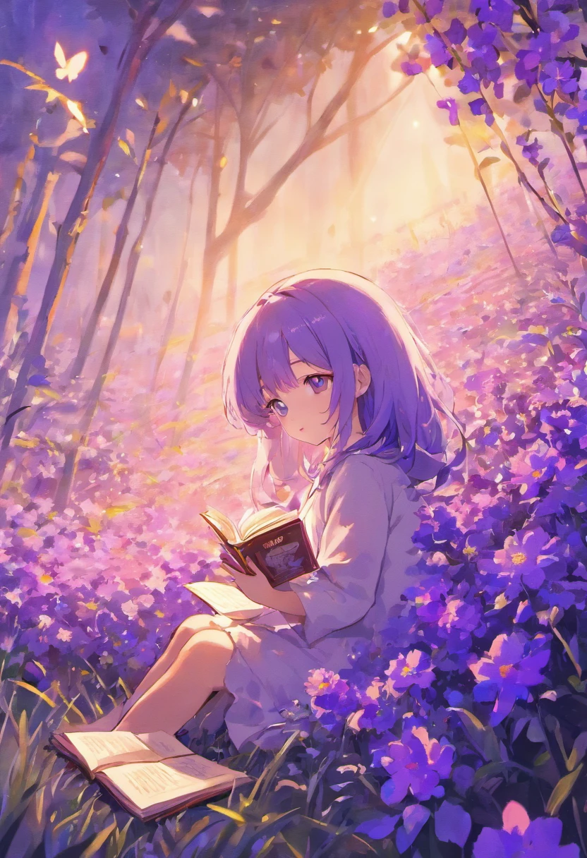 Cute Teddy Bear、Surrounded by a field of blue-purple flowers、Reading a book、evening glow
