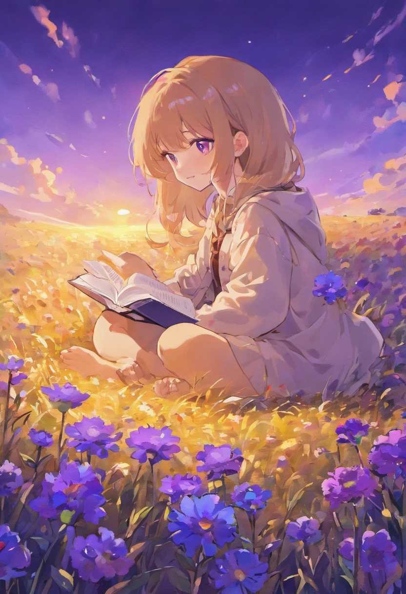 Cute Teddy Bear、Surrounded by a field of blue-purple flowers、Reading a book、evening glow