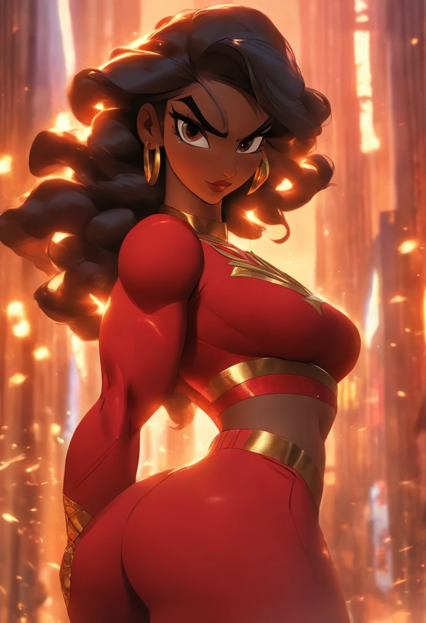 Dark-skinned teen arab girl in a black top and red pants, olhos amarelos, rabo de cavalo, em uma rua da cidade de Chicago, Camisa de corte e abdominais fortes, tiro de comprimento de corpo inteiro, Vestimenta em ouro vermelho e preto, conversar, modelo fitness, gorgeous female, athletic fashion photography, Close-up de corpo inteiro, Retrato de Darna moderno, fit curvy physique, vermelho e dourado, Directed by: Natasha Tan, imagem de perfil, ouro e vermelho, Araffe woman in a black top and red pants on a Chicago city street, um retrato de Natasha Tan, trend in cg society, arabesco, Camisa de corte e abdominais fortes, tiro de comprimento de corpo inteiro, Vestimenta em ouro vermelho e preto, modelo fitness, gorgeous female, Close-up de corpo inteiro, athletic fashion photography, Retrato de Darna moderno, fit curvy physique, female genie, Djinni Feminino, Master piece in Disney-Pixar 3D style