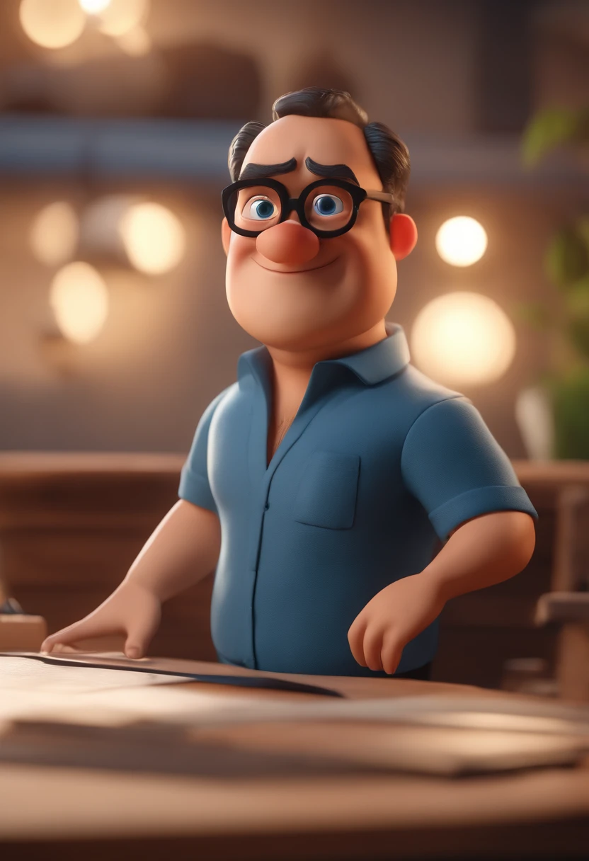 Cartoon character of a man with black glasses and a blue shirt, animation character, Caractere estilizado, animation style rendering, 3D estilizado, Arnold Maya render, 3 d render stylized, toon render keyshot, Personagem 3D, Personagem 3D, 3d rendering stylized, 3 d character render, personagem de desenho animado, Personagem de close up, Pose de personagem, (Estilo Pixar) (master part:1.2) (Bokeh) (best quality) (pele detalhada) (textura detalhada) (8k) (argila) (Cinematic lighting) (foco nítido