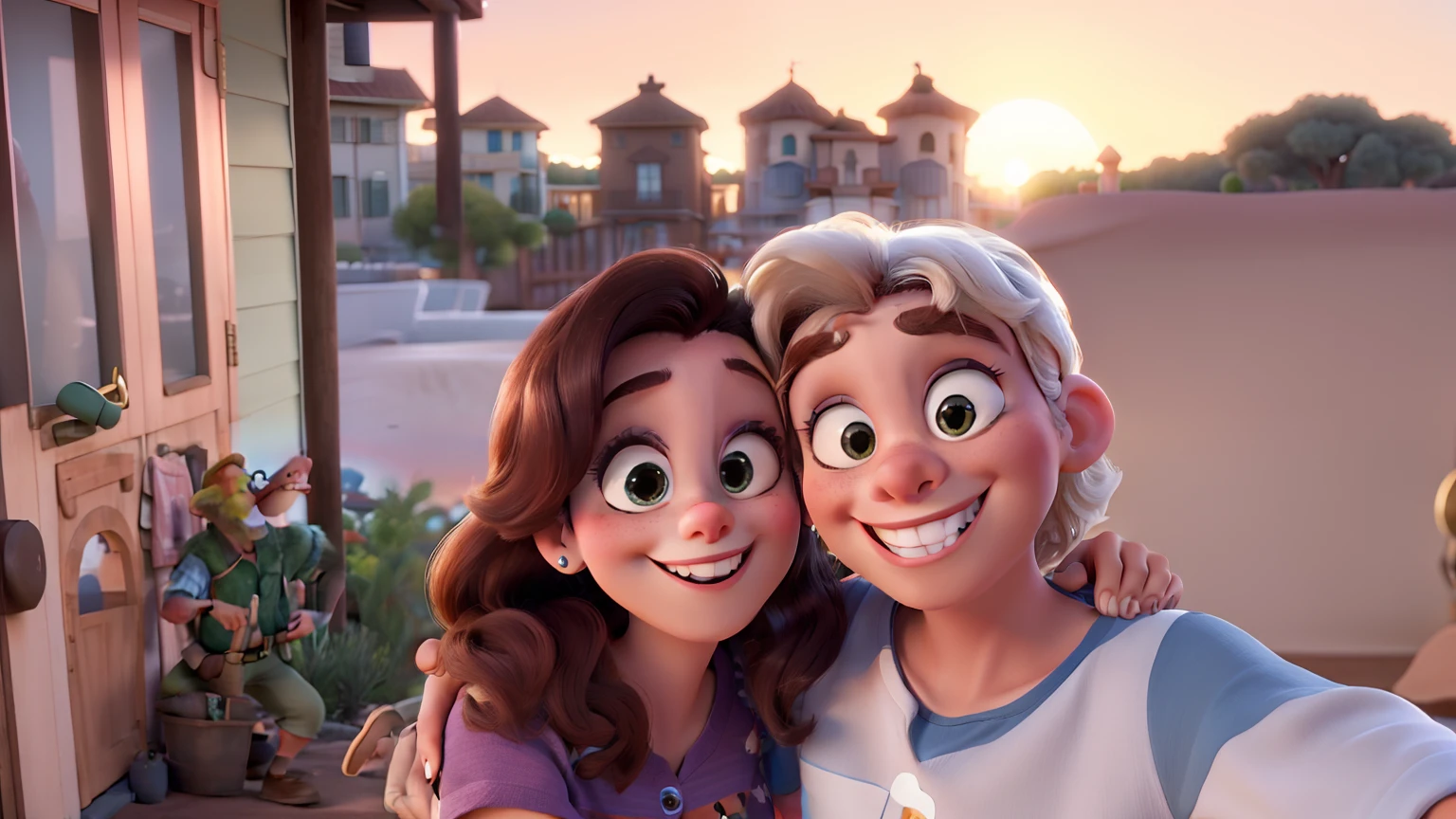 A couple at sunset Disney Pixar style, alta, alta qualidade, melhor qualidade