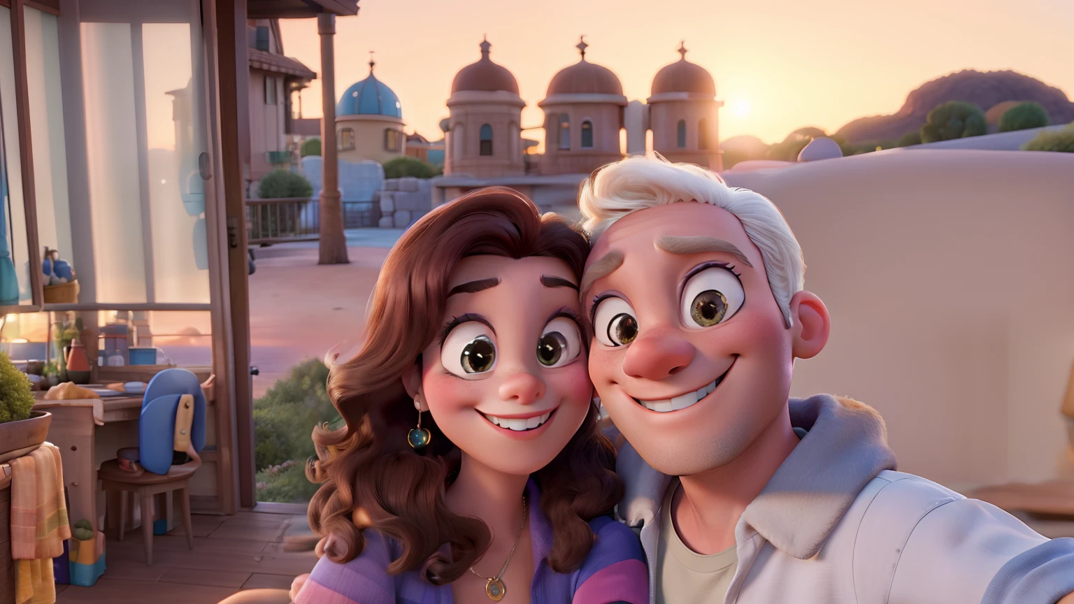 A couple at sunset Disney Pixar style, alta, alta qualidade, melhor qualidade