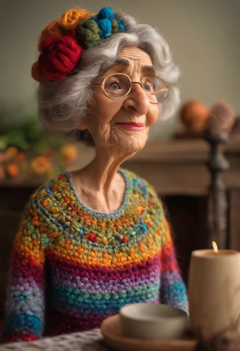 An Elderly Woman of Dreams Inspired by Pixar Animation, de perto. Facial expressions are captivating, com um toque de irrealidade. Teaching her granddaughter to crochet