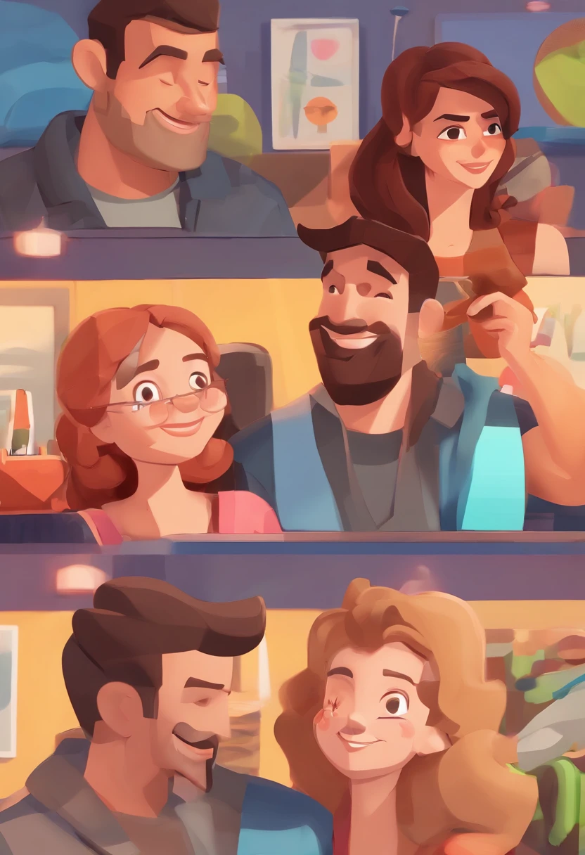 An illustration of an adorable couple, destacando um homem e uma mulher com bonito, Expressive eyes – the man's skin is brown and the man's hair is curly black, while the woman's skin is white and the woman's hair is straight and brown. They're in the gym, each with a smile on their face, e compartilhar um momento especial caracterizado pelo amor, risadas , Showing Your Connection. Desenvolva esta arte em Full HD, Focus on your cinematic touch, Estilo Disney Pixar Animations