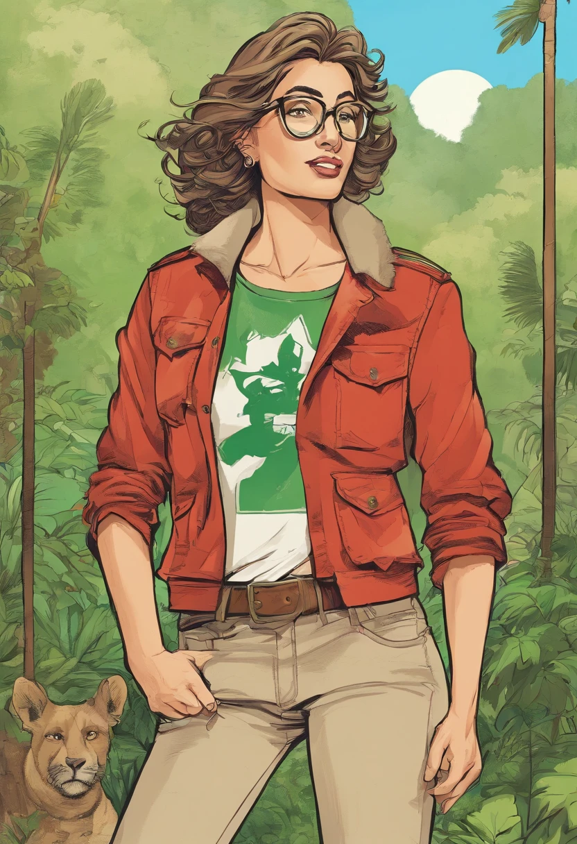 Mulher com 46 anos, cabelos lisos e longos, franja lateral, cabelos escuros com mechas loiras, olhos castanhos escuros, Wearing glasses with red frames, with freckles on the cheekbone, vestindo camisa de manga curta verde garrafa, na manga direita da camisa tem o numeral 52, with beige scout scarf with green stripe on neck, Beige long pants, num acampamento na floresta da mata atlantica, com barracas e fogueira, uma placa dizendo Acampamento do 52GECH