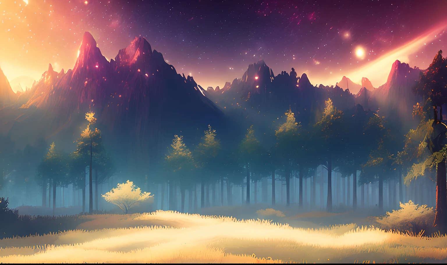 Gorgeous Enchanted Forest, Sunset, Spectacular, Breathtaking, Gorgeous, Beautiful, (Lndskp style) and (Redshift style:1.2) and (NVINKPUNK: 1.2)