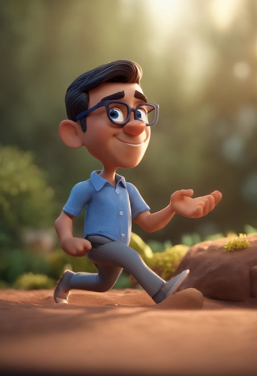 Cartoon character of a man with black glasses and a blue shirt, animation character, Caractere estilizado, animation style rendering, 3D estilizado, Arnold Maya render, 3 d render stylized, toon render keyshot, Personagem 3D, Personagem 3D, 3d rendering stylized, 3 d character render, personagem de desenho animado, Personagem de close up, Pose de personagem, (Estilo Pixar) (master part:1.2) (Bokeh) (best quality) (pele detalhada) (textura detalhada) (8k) (argila) (Cinematic lighting) (foco nítido