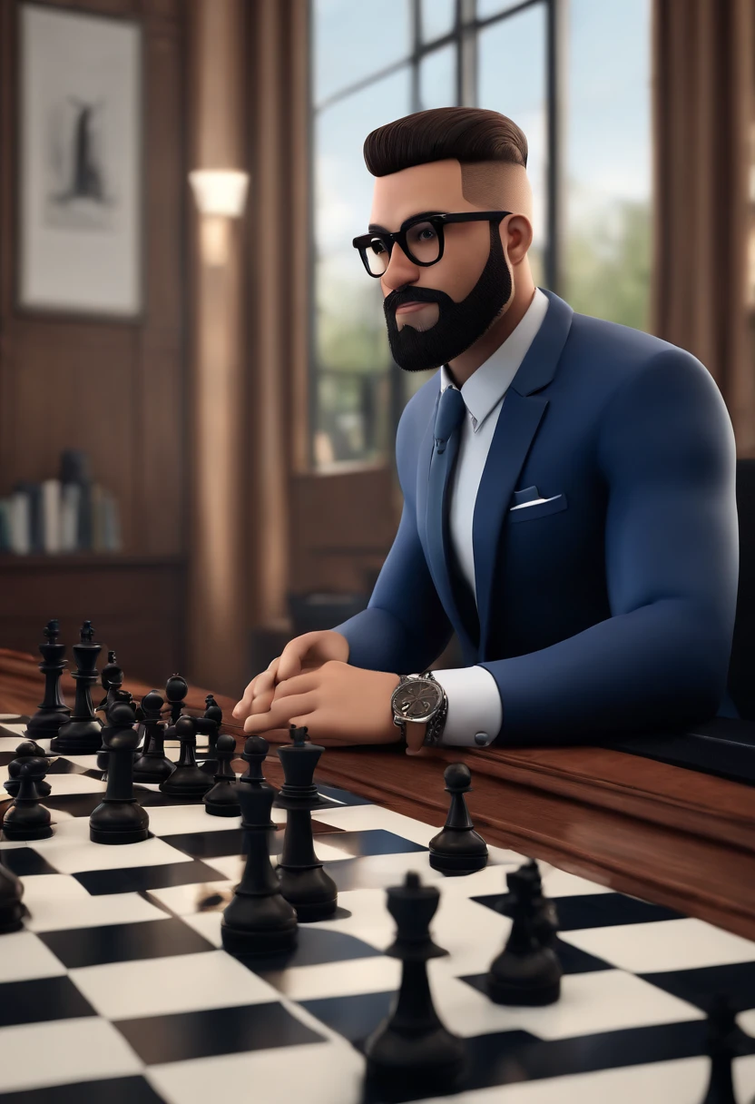 Cartoon character of a man with black glasses and blue suit straight hair, With beard and tattoo of a chess piece on his wrist , SORRIDENTE E BONITO,in your work environment which is a courtroom ,animation character, Caractere estilizado, animation style rendering, 3D estilizado, Arnold Maya render, 3 d render stylized, toon render keyshot, Personagem 3D, Personagem 3D, 3d rendering stylized, 3 d character render, personagem de desenho animado, Personagem de close up, Pose de personagem, (Estilo Pixar) (master part:1.2) (Bokeh) (best quality) (pele detalhada) (textura detalhada) (8k) (argila) (Cinematic lighting) (foco nítido