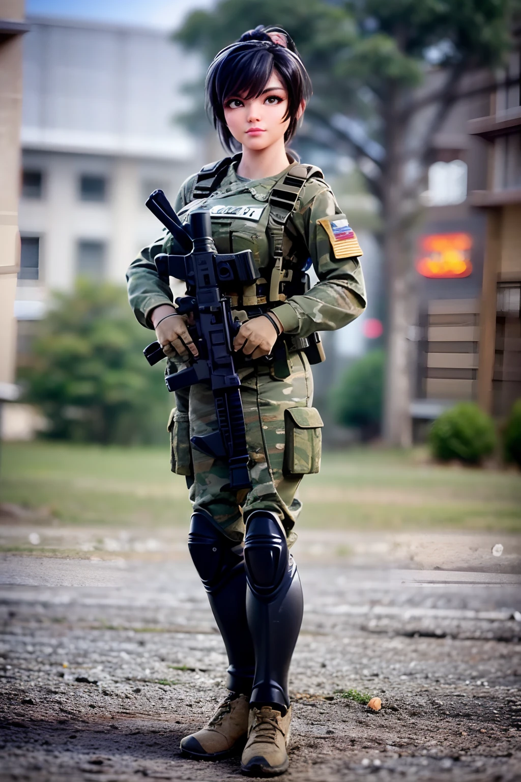 Full body like,Filipino woman holding a rifle in military uniform, 24-years-old, athletic physique, mechanized soldier girl, soldier girl, Beautiful digital artwork, trending on cgstation, military girl, Realistic anime 3 D style