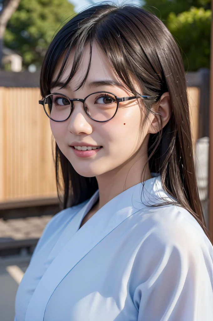 ((japanaese girl)), 8K, Raw photo, Best Quality, ultra-detailliert, Ultra High Resolution, Realistic, photographrealistic, high-definition RAW color photography, professional photograpy, Extremely detailed, 8K Wallpaper, amazing, finely detail, Huge file size, extra detailed face, extremely detailed eye, highlydetailed skin, extremely detailed fingers, highly detailed nose, highly detail mouth, Perfect Anatomy, Highly detailed background, Realistic body, Good figure, blown hair, (Medium Hair), Cute face, Photography, (Happy smile), Perfect Skin, Perfect Anatomy, Large breasts, (Round glasses), (yukata), (Mole), ((japan atami)), high-angle shot, swept bangs, Full body shot,
