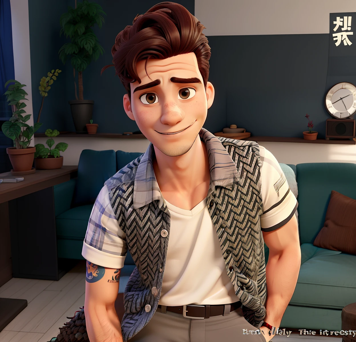 A man with a unique hairstyle, possivelmente tainha, vestindo colete e camisa branca. He's posing for the camera, Possibly for a magazine or a photo shoot. The man is standing in a room with a couch in the background and there is a potted plant nearby. The overall atmosphere of the image suggests a casual and relaxed atmosphere.