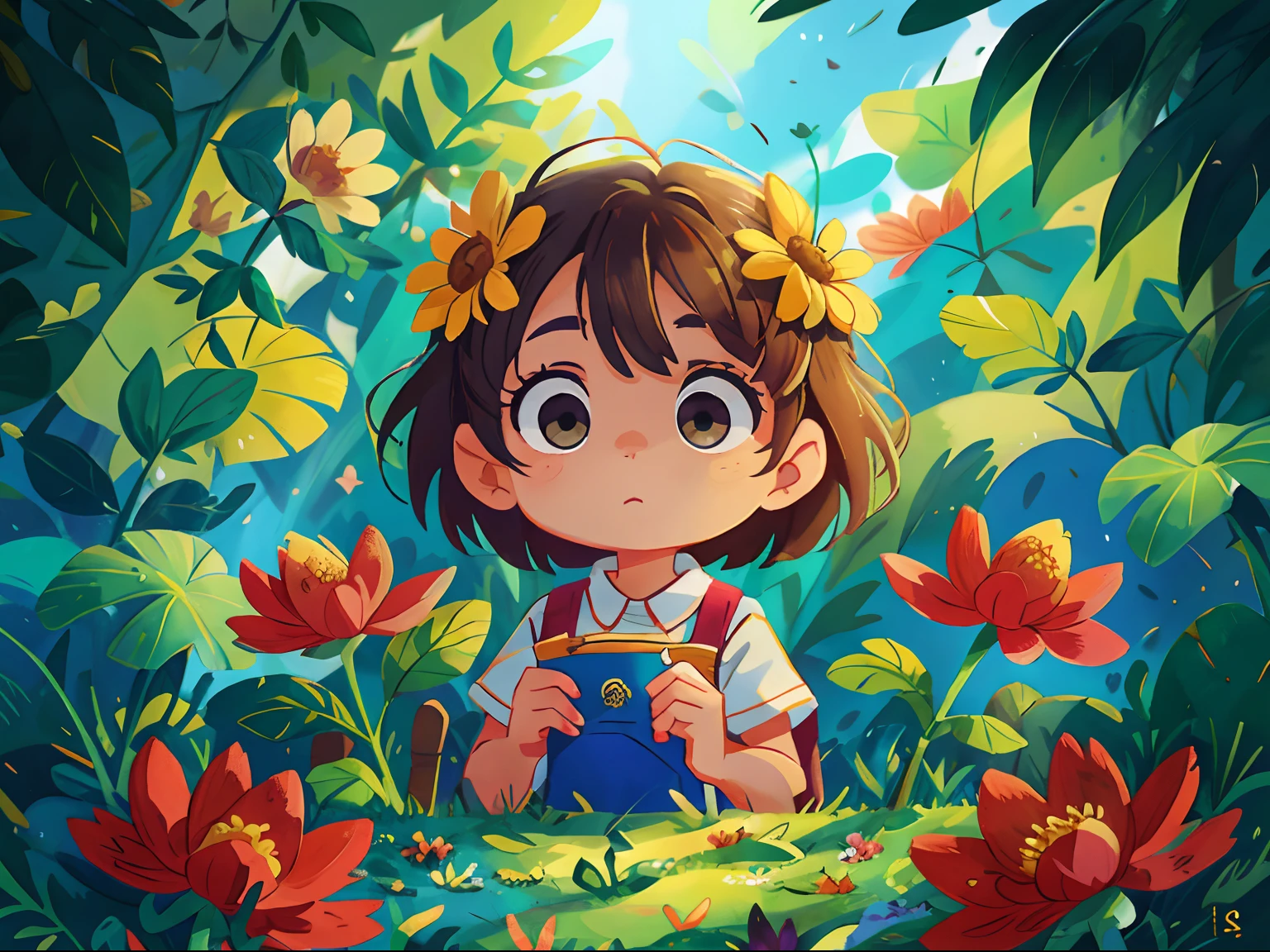 A girl in a flowered dress standing in the middle of a forest - SeaArt AI