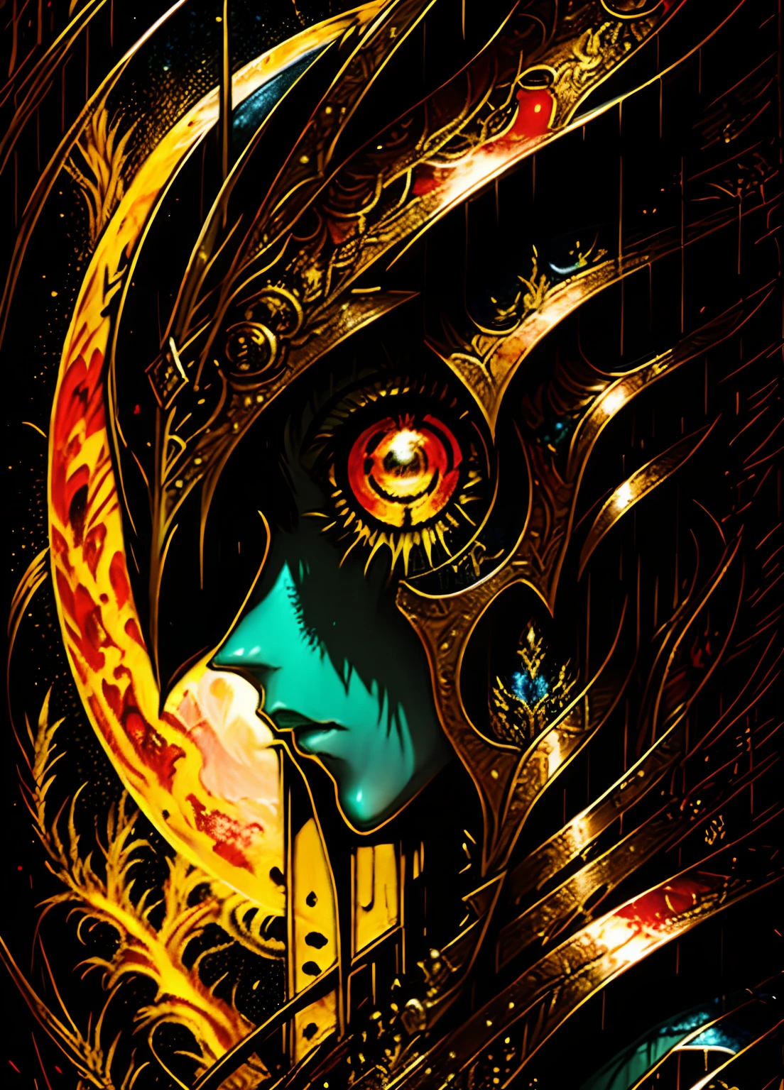 master part, best quality:1.4, " man Phoenix Knight Character Iki from the Zodiac, olhos sangrando bebendo bloodMary", super fine manga art, Projeto olho na arte peluda do fogo, olho fogo aquarela luminosa