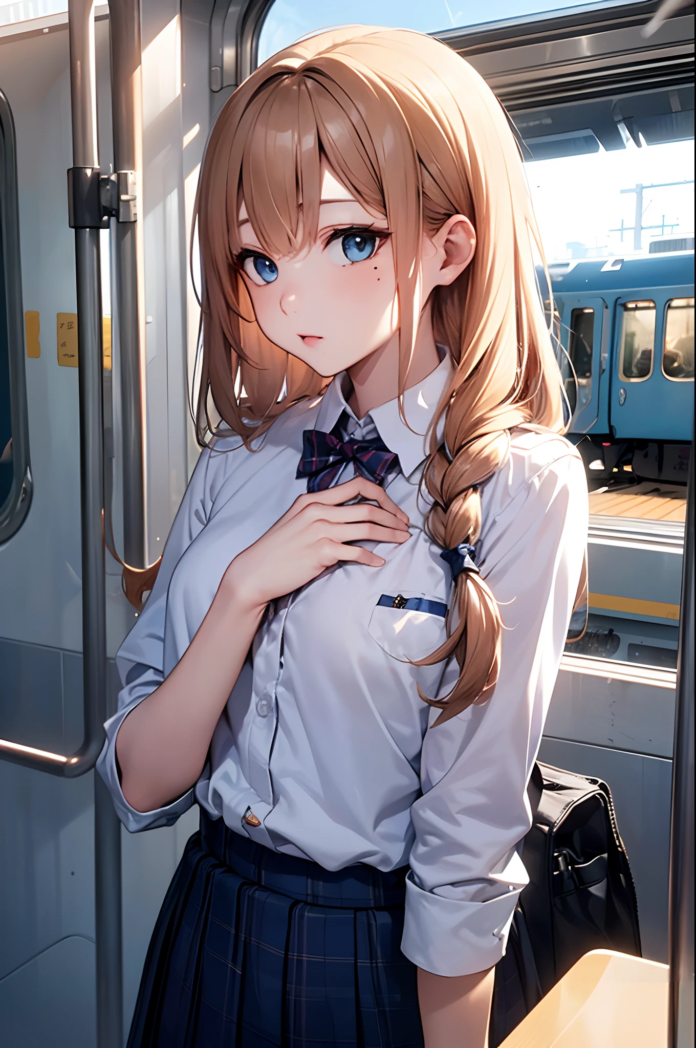 (Girl with a nasty appearance:1.1)、(Daytime:1.5)、(and chest:1.4)、Raw photography, top-quality, hight resolution, (masterpiece), (Photorealsitic:1.4), (Mole under the eyes),Anime Cosplay, foco nítido, nffsw, 8K分辨率, intricate detailes, depth of fields, the Extremely Detailed CG Unity 8K Wallpapers, front lit, femele,25-years old、 Twilight expression、(tying hair:1.5)、(Medium Showtrain Bo Hair)、(Student uniform:1.3)、blue eyess,(Train:1.5)、(Behind the school:1.3)、(Full body depiction)、(Looking at the sky:1.2)、shining world、Smoking a cigarette with his right hand、The school