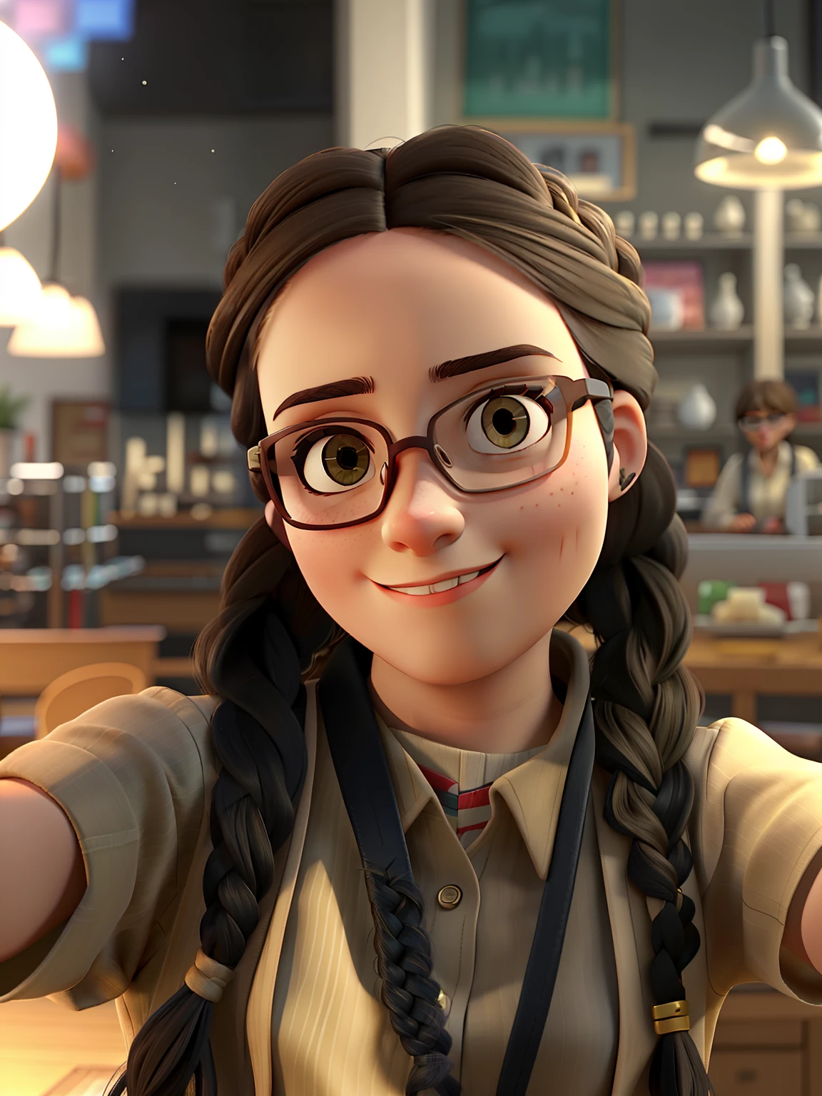 Selfie of a woman wearing glasses with braided hair and beige shirt in a party