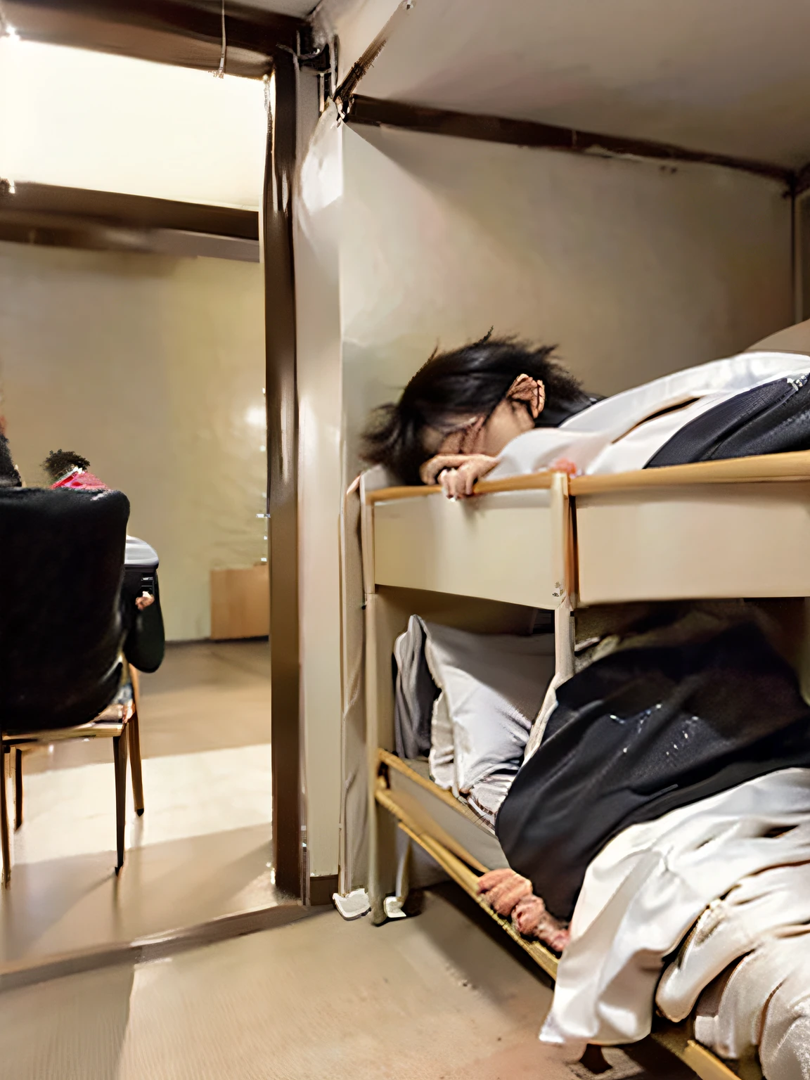 There was a man standing on a bunk bed in the room, small room in tokyo, studying in a brightly lit room, studyng in bedroom, in a japanese apartment, trying to study, 6 : 3 0 am, busy room, with a bunk bed, taken on iphone 1 3 pro, working in an office, photograph of 3d ios room, shot on iphone