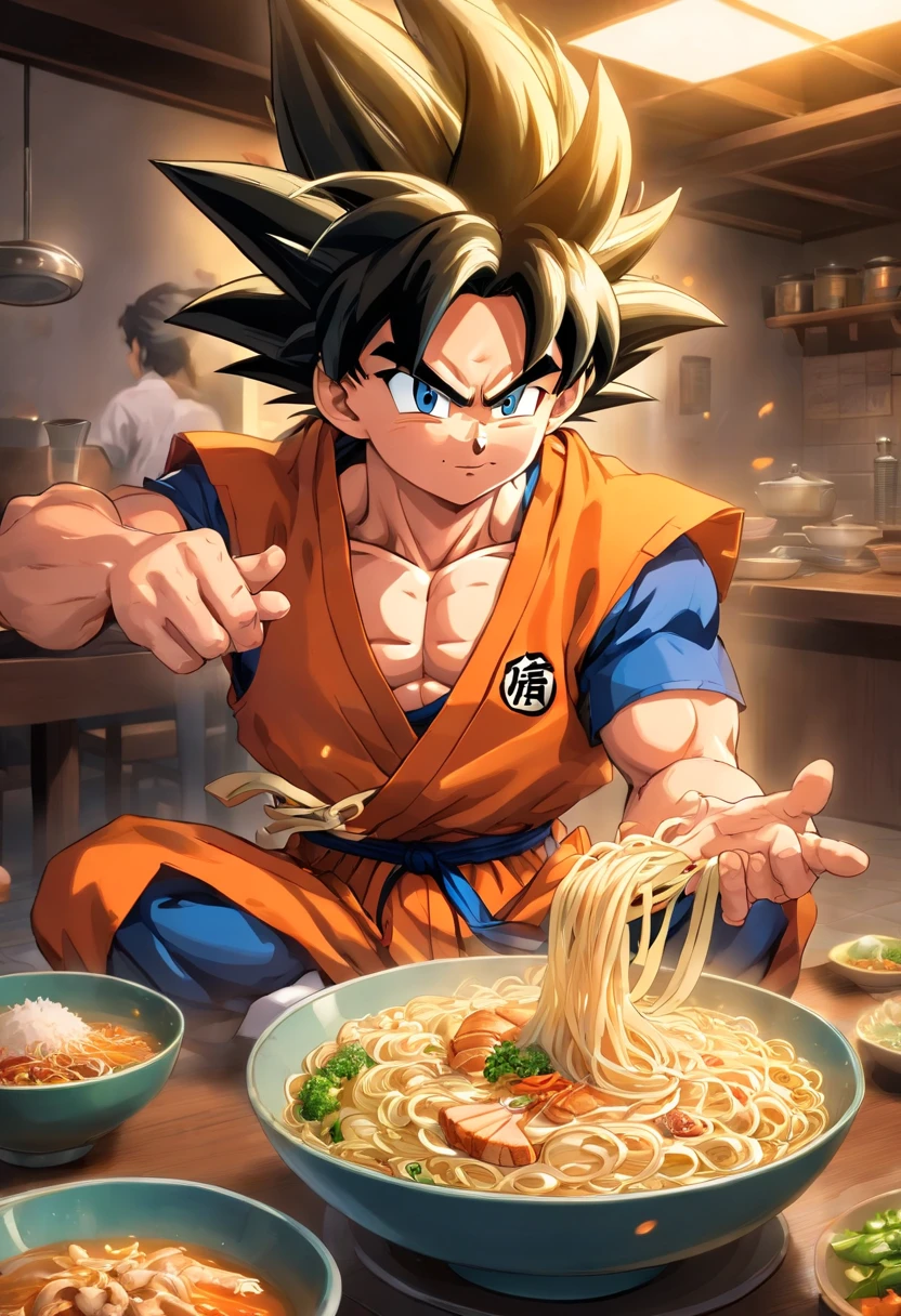 Dragon bola goku，Grande macaco, retrato de corpo inteiro，de um real，Facial features are carefully described，textura de pele realista，Estilo escuro，profundidade de campos，Luz alta，luz real，Traching de raias，oc renderizado，hyper-realistic，melhor qualidade，8k，Obras de mestres，super-fino，pelos pubianos detalhados，anatomia correta，sharp focus on eyes，Facial features are carefully described. Goku enjoying Chinese noodles in a restaurant" description: Em um restaurante aconchegante com toques orientais, Goku, O famoso guerreiro Saiyajin, is located in the kitchen, cercado por deliciosos aromas. Dressed in his iconic martial arts uniform, Goku is sitting on a high stool in front of a kitchen counter.. A cup of steaming Chinese noodles rests in front of him, enquanto segurava pauzinhos habilmente. Com um sorriso de expectativa, Goku sets out to savor the noodles with enthusiasm. His fellow Z warriors meet at a nearby table, Watching with amusement your encounter with terrestrial cuisine. Behind him, Os chefs do restaurante, vestidos com seus uniformes tradicionais, They watch in awe as the legendary fighter enjoys the meal. The atmosphere is full of warmth and camaraderie, despite the epic adventures that Goku and his friends face on a regular basis. Soft lighting enhances the scene, making the colors of the ingredients and the decoration of the restaurant shine with a warm luminosity. The image captures an unusual and relaxed moment in Goku's life, showing his more human side while enjoying an earthy meal amidst his incredible exploits.