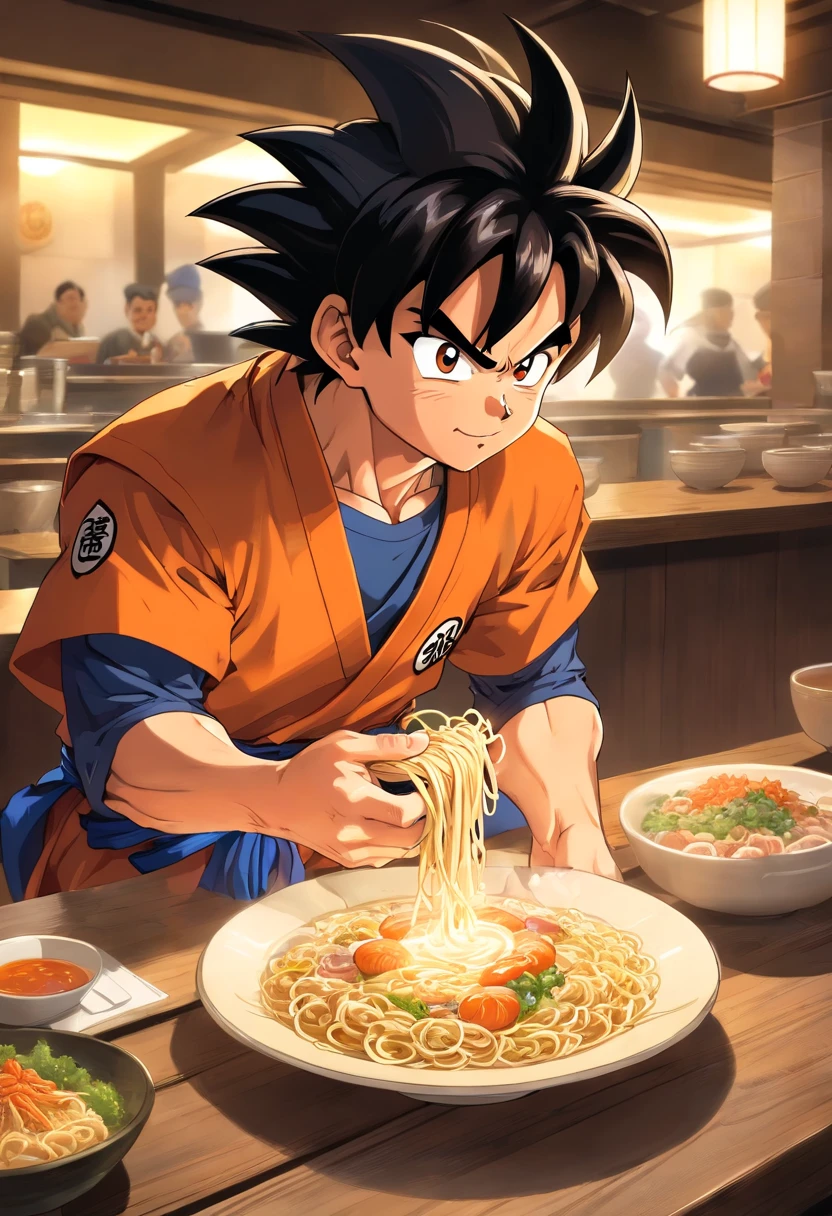 Dragon bola goku，Grande macaco, retrato de corpo inteiro，de um real，Facial features are carefully described，textura de pele realista，Estilo escuro，profundidade de campos，Luz alta，luz real，Traching de raias，oc renderizado，hyper-realistic，melhor qualidade，8k，Obras de mestres，super-fino，pelos pubianos detalhados，anatomia correta，sharp focus on eyes，Facial features are carefully described. Goku enjoying Chinese noodles in a restaurant" description: Em um restaurante aconchegante com toques orientais, Goku, O famoso guerreiro Saiyajin, is located in the kitchen, cercado por deliciosos aromas. Dressed in his iconic martial arts uniform, Goku is sitting on a high stool in front of a kitchen counter.. A cup of steaming Chinese noodles rests in front of him, enquanto segurava pauzinhos habilmente. Com um sorriso de expectativa, Goku sets out to savor the noodles with enthusiasm. His fellow Z warriors meet at a nearby table, Watching with amusement your encounter with terrestrial cuisine. Behind him, Os chefs do restaurante, vestidos com seus uniformes tradicionais, They watch in awe as the legendary fighter enjoys the meal. The atmosphere is full of warmth and camaraderie, despite the epic adventures that Goku and his friends face on a regular basis. Soft lighting enhances the scene, making the colors of the ingredients and the decoration of the restaurant shine with a warm luminosity. The image captures an unusual and relaxed moment in Goku's life, showing his more human side while enjoying an earthy meal amidst his incredible exploits.