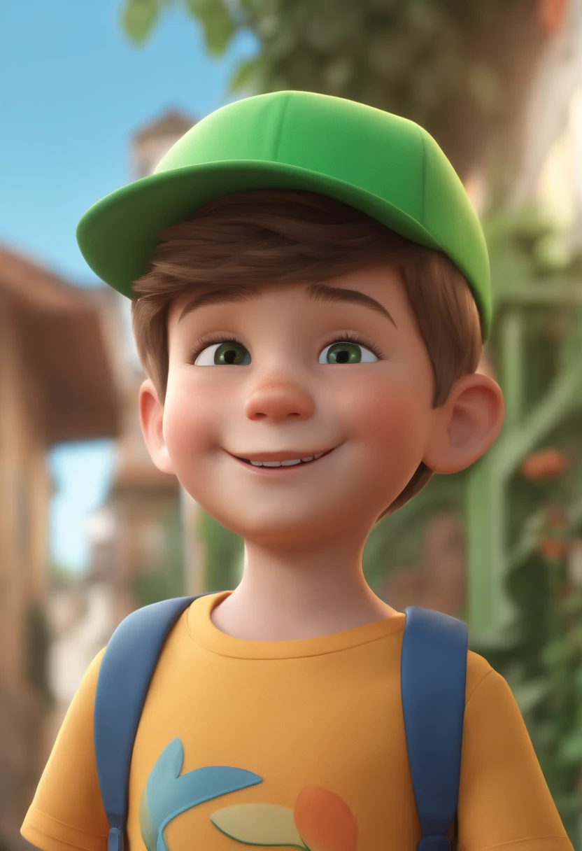 A happy cute boy standing short hair with green cap , vestindo uma camisa azul , , fundo branco, barnet, Tom, Estilo Pixar, ......3d, desenhos animados, rosto detalhado, asymmetrical 16k