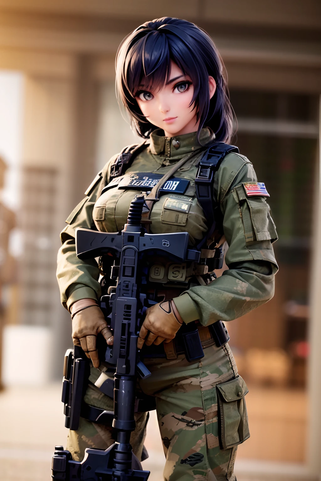 Full body like, Filipino woman holding a rifle in military uniform, 24-years-old, athletic physique, tanned bronze skin, mechanized soldier girl, soldier girl, Beautiful digital artwork, trending on cgstation, military girl, Realistic anime 3D style