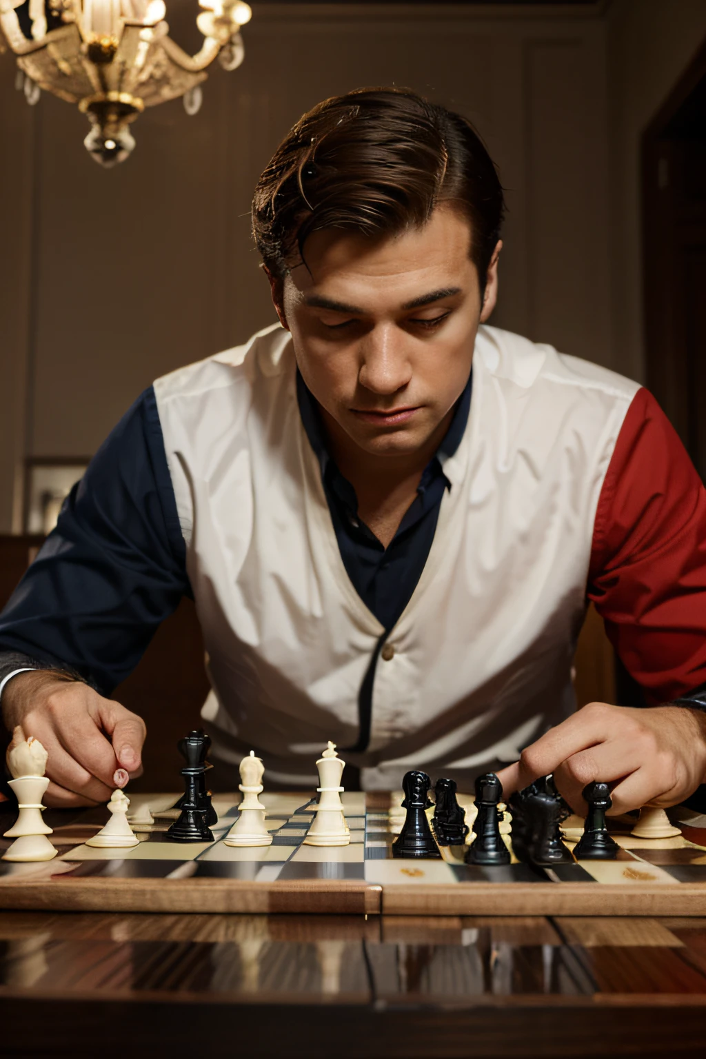 A handsome agent who is russian national is playing chess against american with their respective country little flag beside them. The chessboard is placed at the center of the table between the opponents.