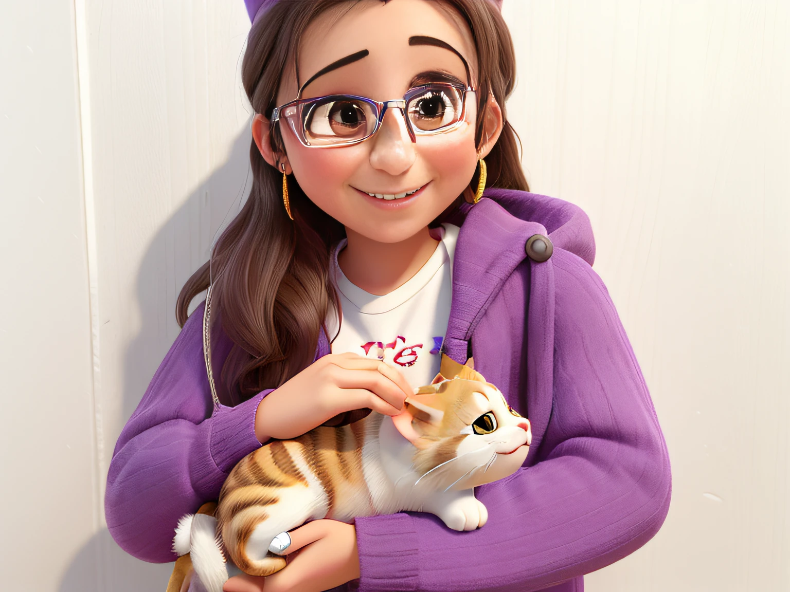 The image shows a young girl smiling and holding a small kitten in her arms. She's posing for the camera, exibindo sua alegria e amor pelo animal.
A garota tem cabelos longos e escuros, that fall in gentle waves up to the shoulders. His face is young and beautiful, com olhos escuros e ardentes, luzindo com alegria. The girl's mouth is formed into a cheerful, smiling expression, showing your happiness at having the kitten in your arms.
The girl's ears are small and delicate, posicionadas ao lado do rosto. Your eyebrows are well-defined and well-formed, adicionando um toque de maquiagem ao seu rosto.
The girl ain't wearing no accessories, such as glasses or earrings, But her smile and emotional joy are enough to complement the overall look of the image.
