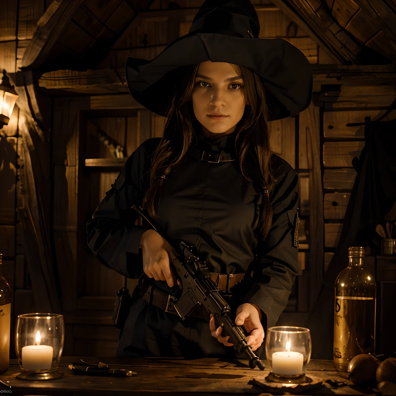 8k, Best quality, Masterpiece, hallowen soldat, arme , fusil FAMAS, Soldier disguised as a witch, Wooden House Decors,feu,Soir