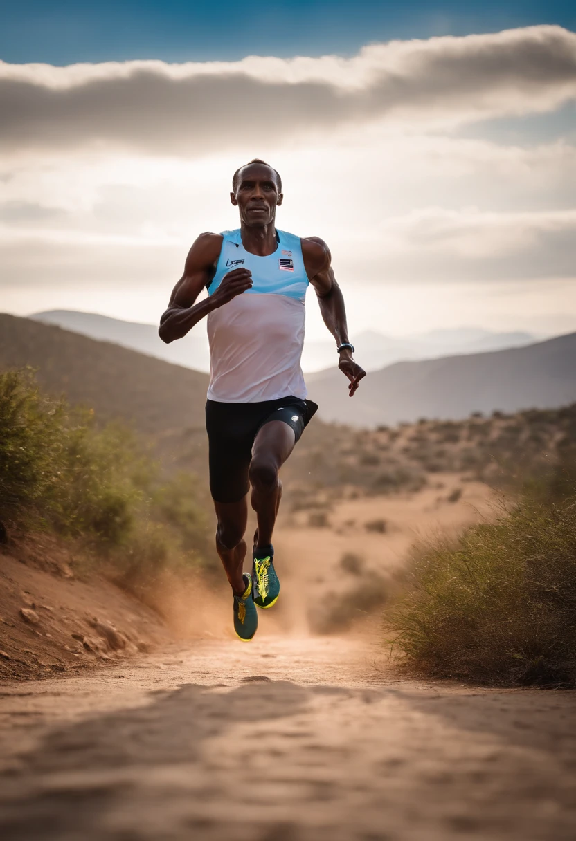 Eliud Kipchoge, running, in Mexico, in profile, 8k, detailed, [athletics], [sports], [professional athlete], [marathon runner], [elite runner], [intense workout], [determination], [focus], [motion blur], [vibrant colors], [sunny day], [spectacular landscape], [mountains in the background], [crowd cheering], [energy], [speed], [sweat], [fluid running form], [stride], [athlete's clothing], [running shoes], [running track], [national flag], [inspiration], [fitness], [aerial perspective], [strong presence], [outstanding achievements], [record breakers], [endurance], [international competition].