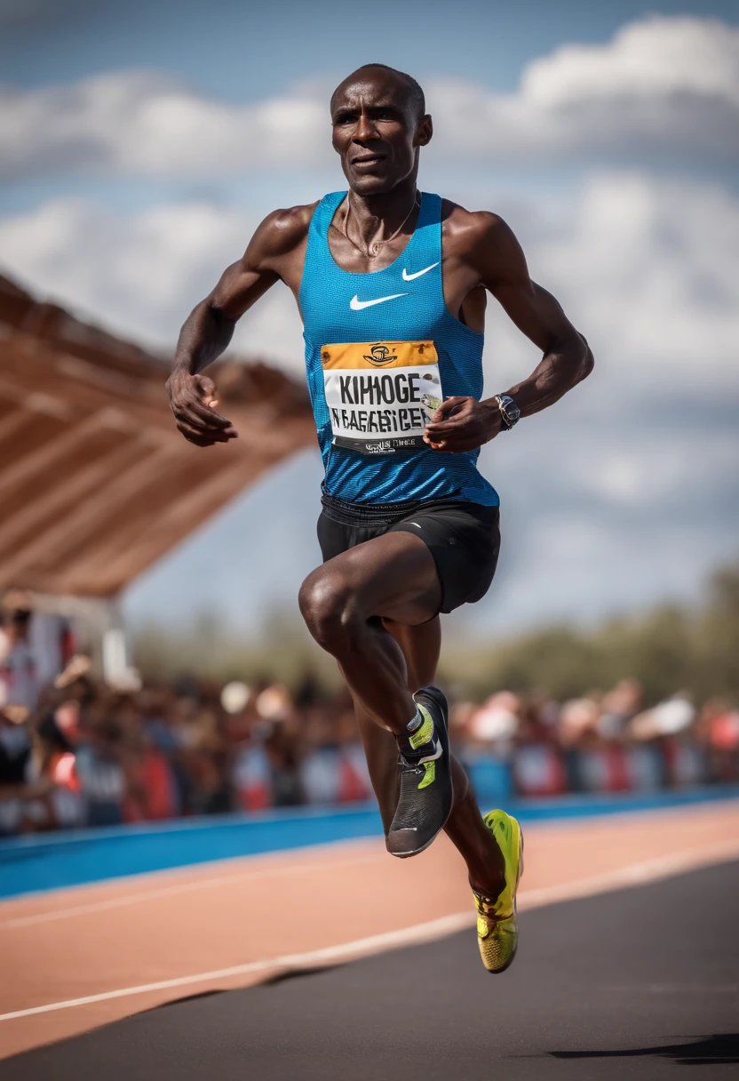Eliud Kipchoge, running, in Mexico, in profile, 8k, detailed, [athletics], [sports], [professional athlete], [marathon runner], [elite runner], [intense workout], [determination], [focus], [motion blur], [vibrant colors], [sunny day], [spectacular landscape], [mountains in the background], [crowd cheering], [energy], [speed], [sweat], [fluid running form], [stride], [athlete's clothing], [running shoes], [running track], [national flag], [inspiration], [fitness], [aerial perspective], [strong presence], [outstanding achievements], [record breakers], [endurance], [international competition].