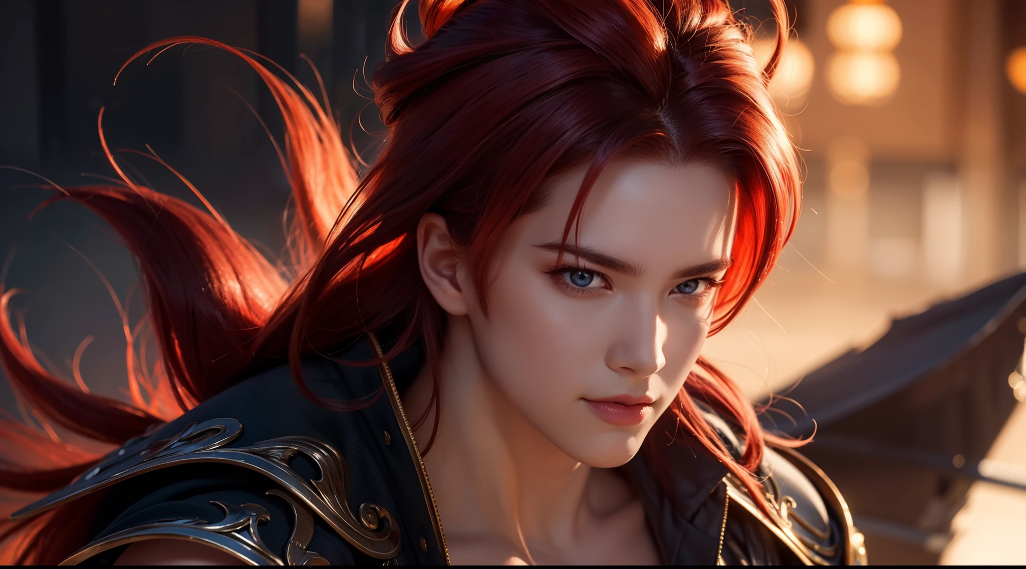An 8k masterpiece, highest resolution, every detail, meticulous detail, depth of field, bright colors, beautiful composition: stunning take on an anime character Gohan with brilliant red hair and beautifully detailed glowing eyes, standing against a dark and ominous background. This handsome demon slayer is the epitome of bad guys in the world of fantasy art.