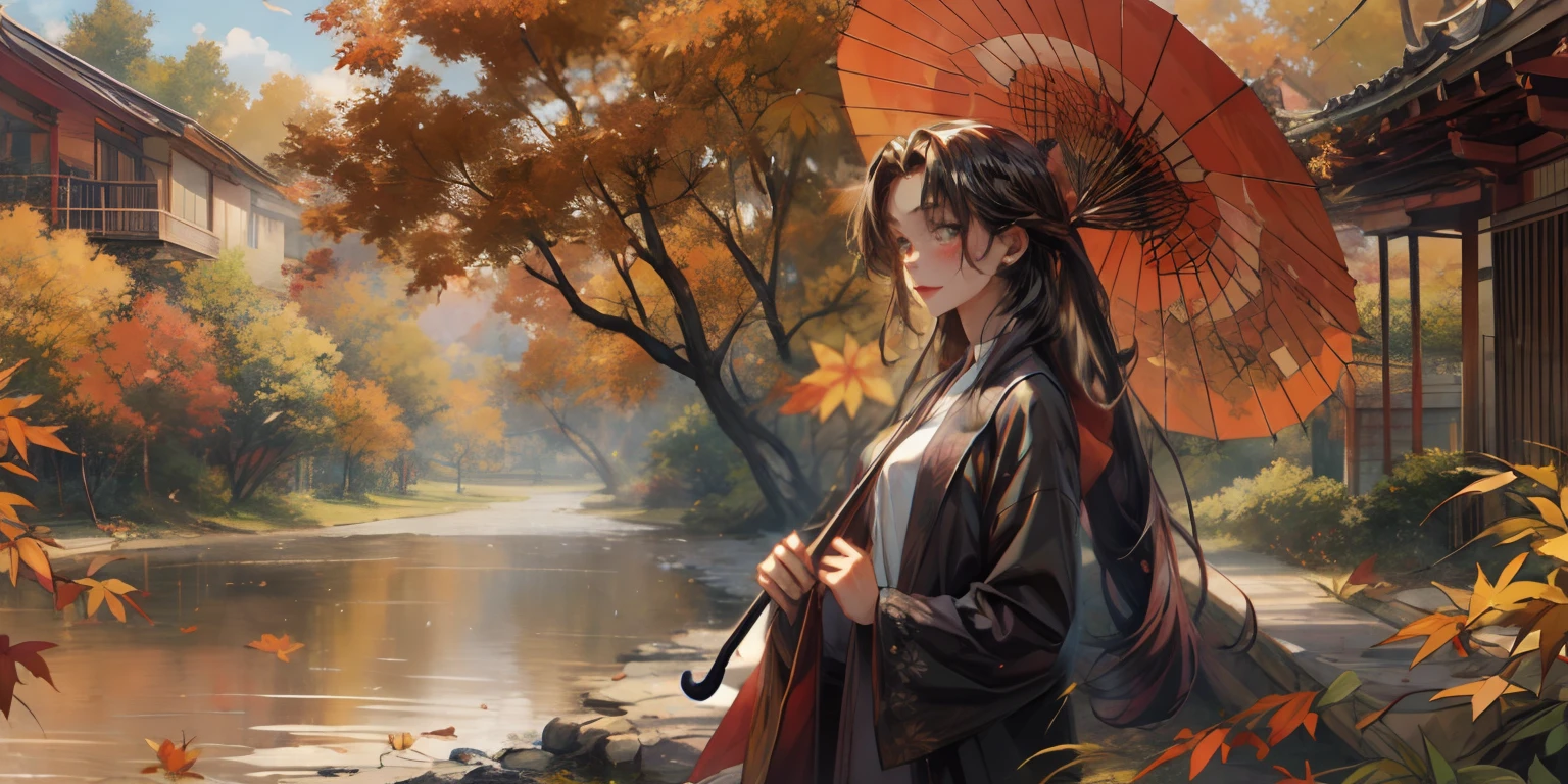 umbrella, oriental_umbrella, japanese_clothes, kimono, autumn_leaves, holding_umbrella, 1girl, red_eyes, maple_leaf, sash, tree, obi, ponytail, outdoors, black_hair, leaf, holding, solo, red_umbrella, parasol, floral_print, long_hair, wide_sleeves, smile, autumn, building, bangs, sidelocks, day, falling_leaves, looking_at_viewer, blush, "long shot scenic professional photograph of {prompt}, perfect viewpoint, highly detailed, wide-angle lens, hyper realistic, with dramatic sky, polarizing filter, natural lighting, vivid colors, everything in sharp focus, HDR, UHD, 64K", anime coloring, anime screencap, sweating,